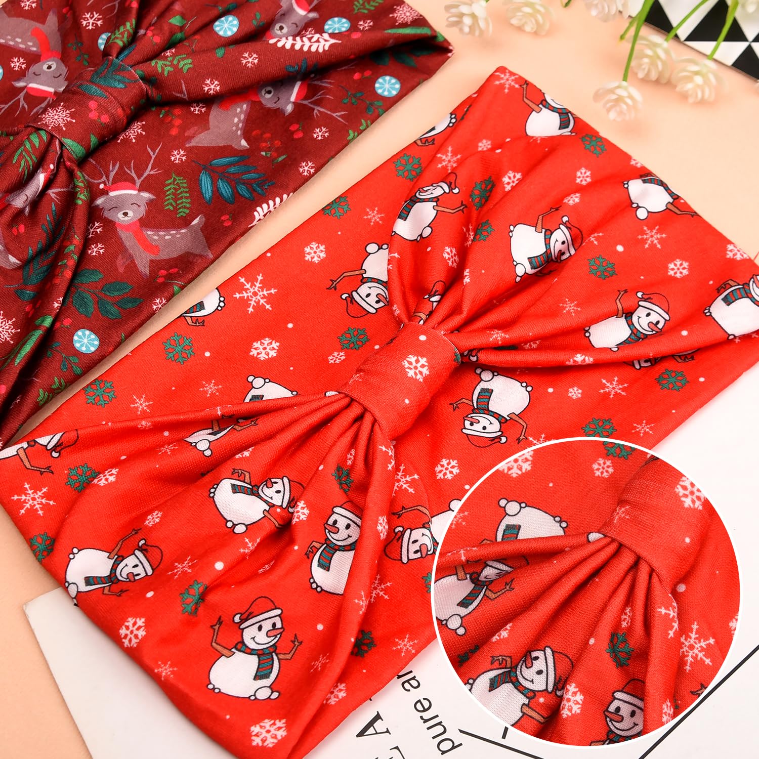 HIXNUG 4Pcs Christmas Turban Headbands - Wide Elastic Boho Hair Bands with Xmas Tree & Snowman Print - Festive Holiday Accessories for Women & Kids (Perfect for Christmas Parties, Family Gatherings & Photo Shoots)