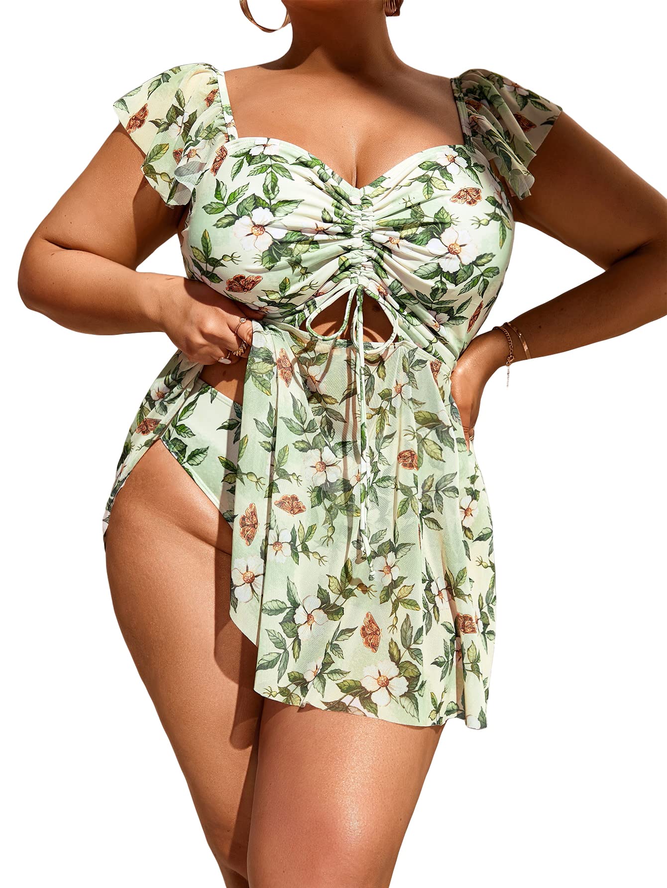 MakeMeChic Women's Plus Size Tankini Swimsuit with Ruffle Sleeves - Stylish Two-Piece Bathing Suit for Beach, Pool & Summer Vacations
