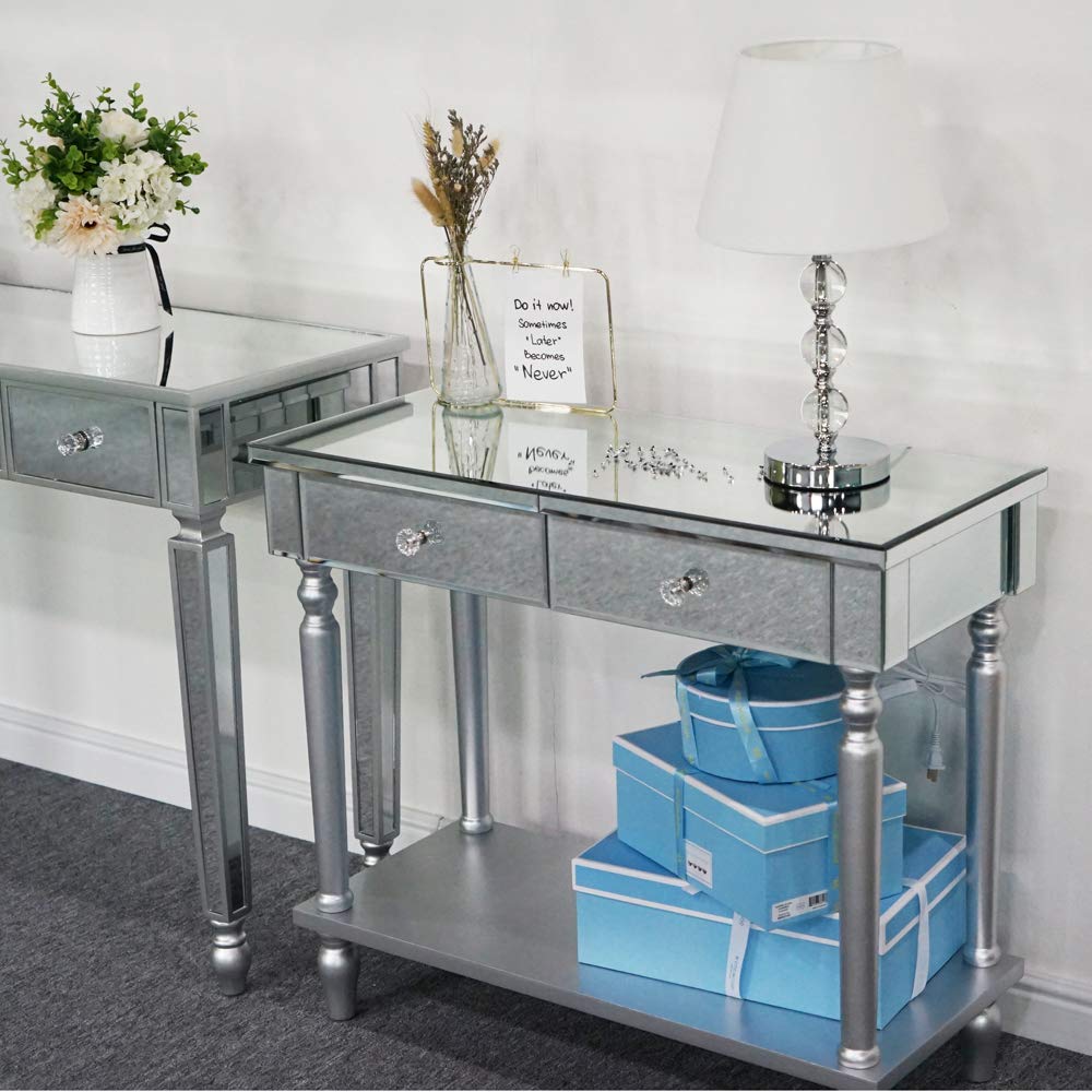 Modern Mirrored Vanity Table with Drawers - Contemporary Dressing Desk for Makeup & Jewelry Organization - Elegant Entryway Console, Bedside Nightstand or Home Office Desk - Perfect for Bedroom, Bathroom & Living Room Decor