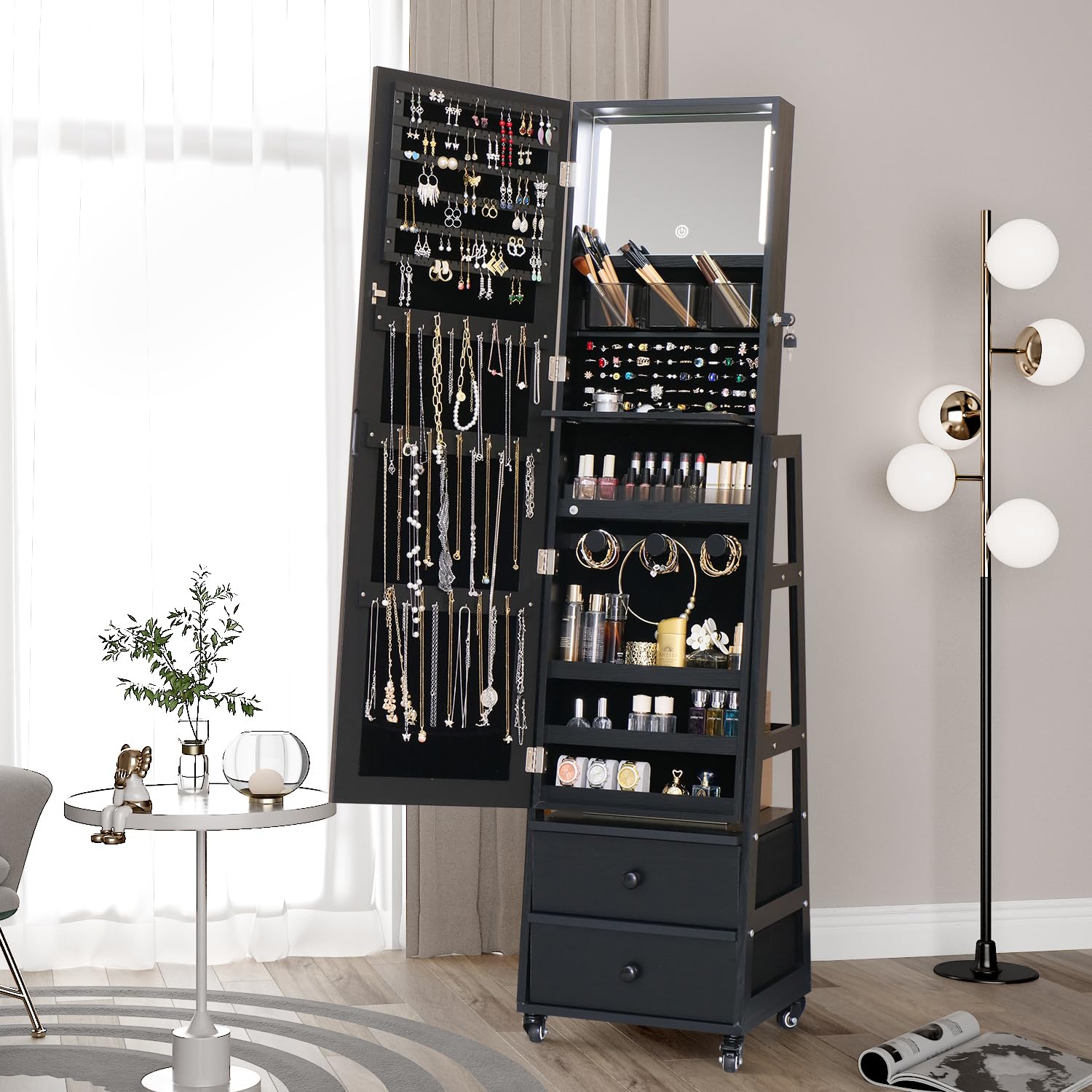 Lockable Jewelry Cabinet with Full-Length Standing Mirror, Drawers & Wheels - Jewelry Organizer Armoire with Back Storage Shelves for Bedroom Decor - Perfect Christmas Gift for Women & Friends (Black) | Ideal for Bedroom Vanity, Closet Organization & Gift-Giving