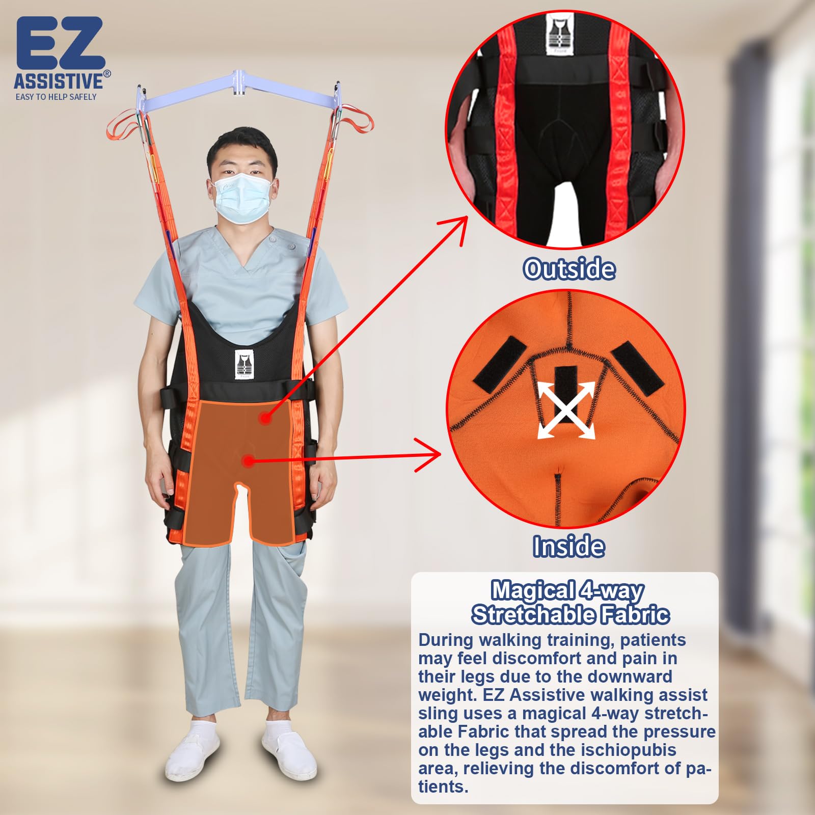 Professional Walking Assist Sling with 4-Way Stretch Fabric - 500lb Weight Capacity for Home & Hospital Use - Ideal for Mobility Training & Patient Recovery (Large)