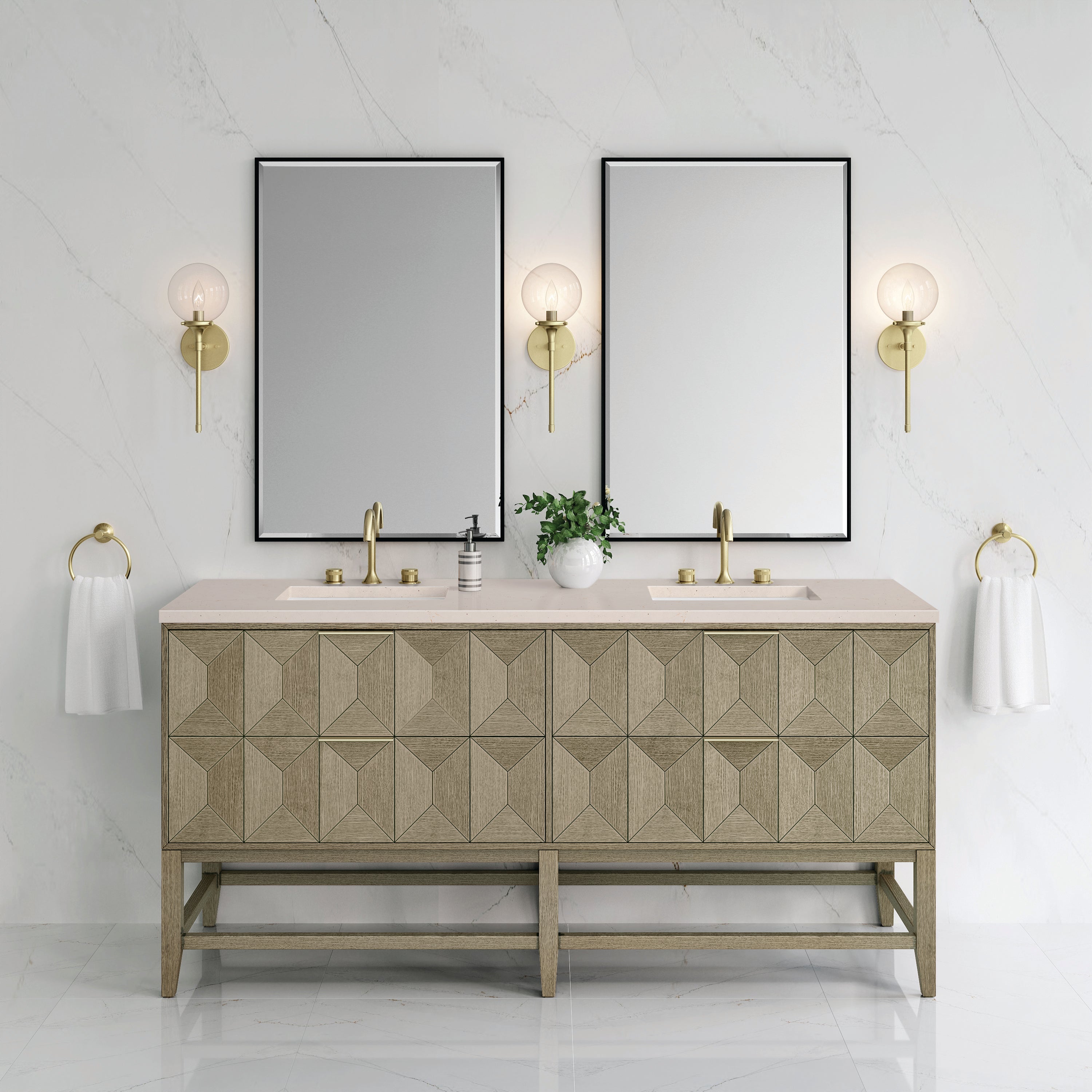 Emmeline 72 Inch Double Bathroom Vanity with Pebble Oak Finish & 3CM Eternal Marfil Stone Top - Perfect for Master Bathroom Renovation & Luxury Home Upgrade