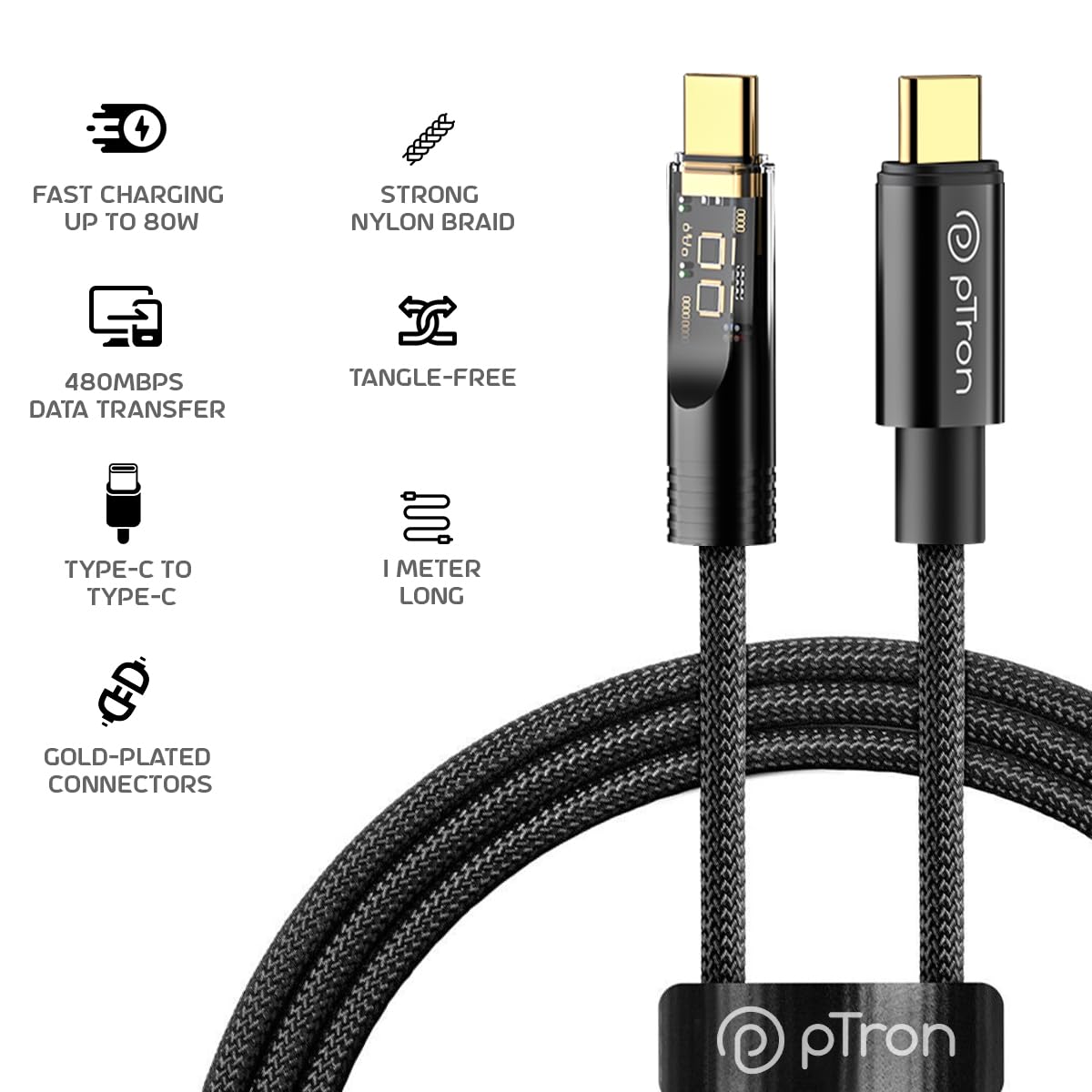 pTron Solero 80W Fast Charging USB Type-C Cable (1M, Black) - High-Speed 480Mbps Data Sync, Durable Nylon Braid - Compatible with Samsung, OnePlus, Oppo, Vivo, Xiaomi & More - Perfect for Travel, Office & Home Charging