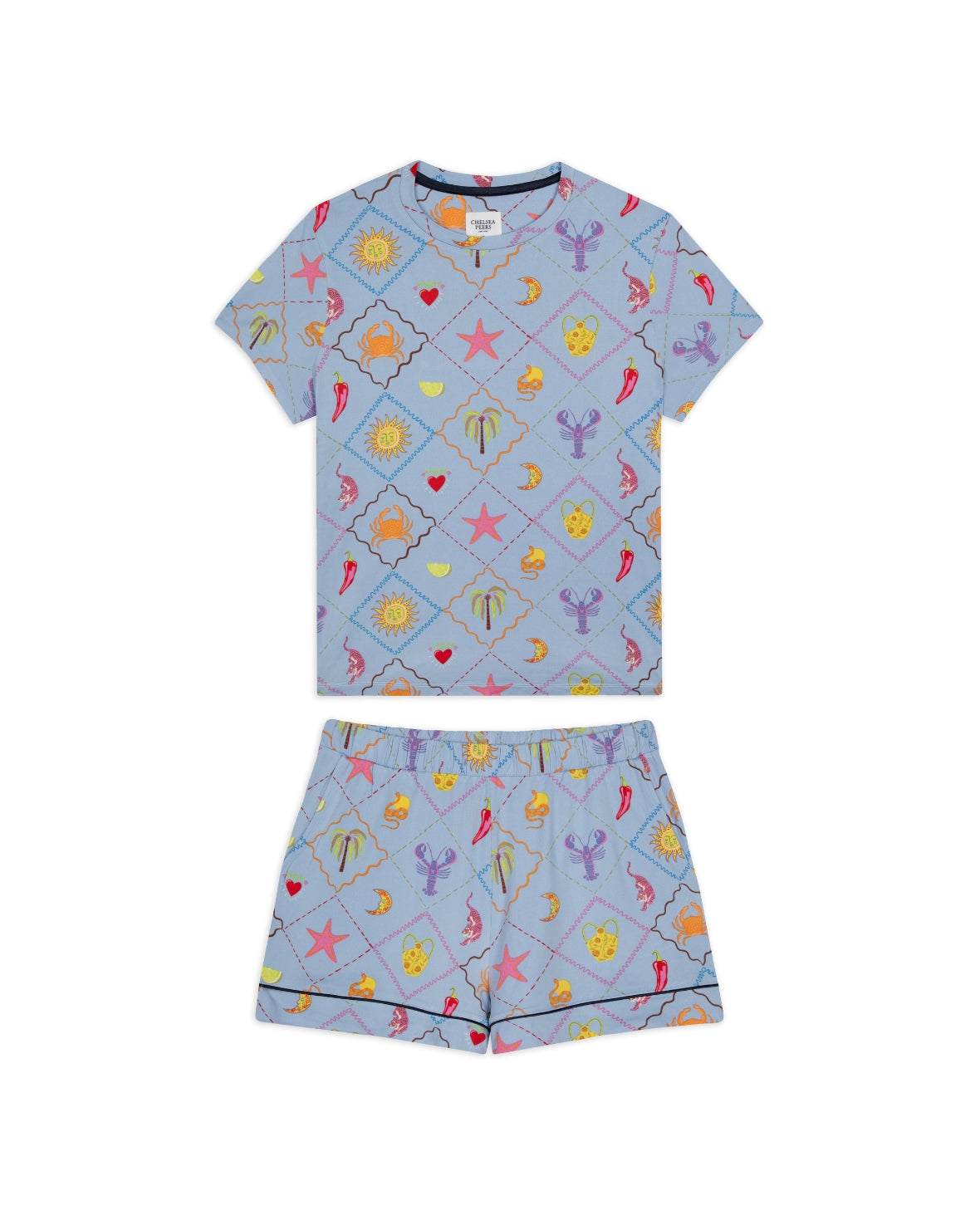 Patchwork Beach Print Short Pajama Set for Women - Comfortable Sleepwear & Lounge Wear for Summer Nights, Beach Vacations, and Relaxing at Home