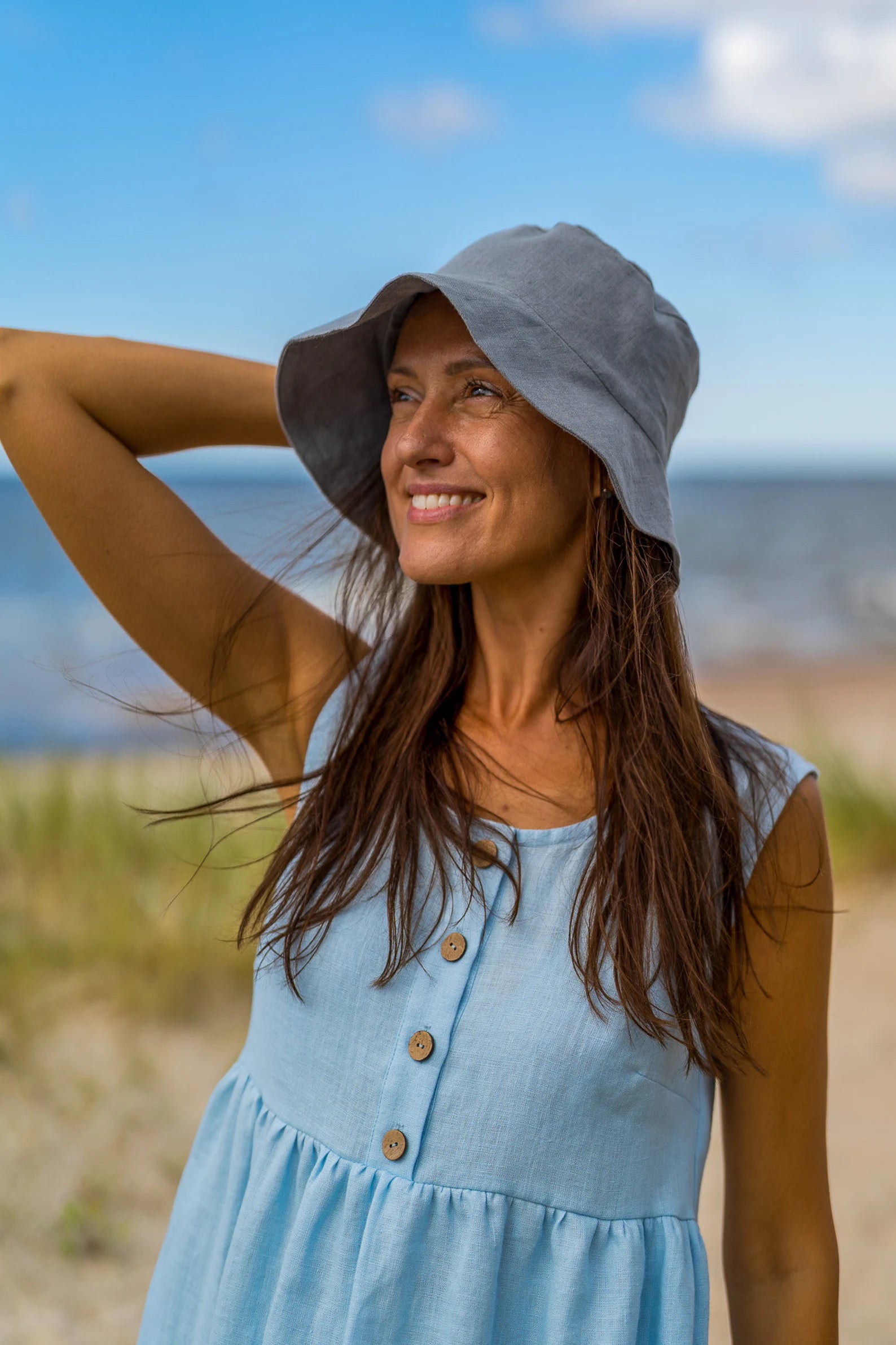 Grey Linen Bucket Hat for Women & Men - Breathable Sun Protection for Beach, Hiking & Outdoor Activities