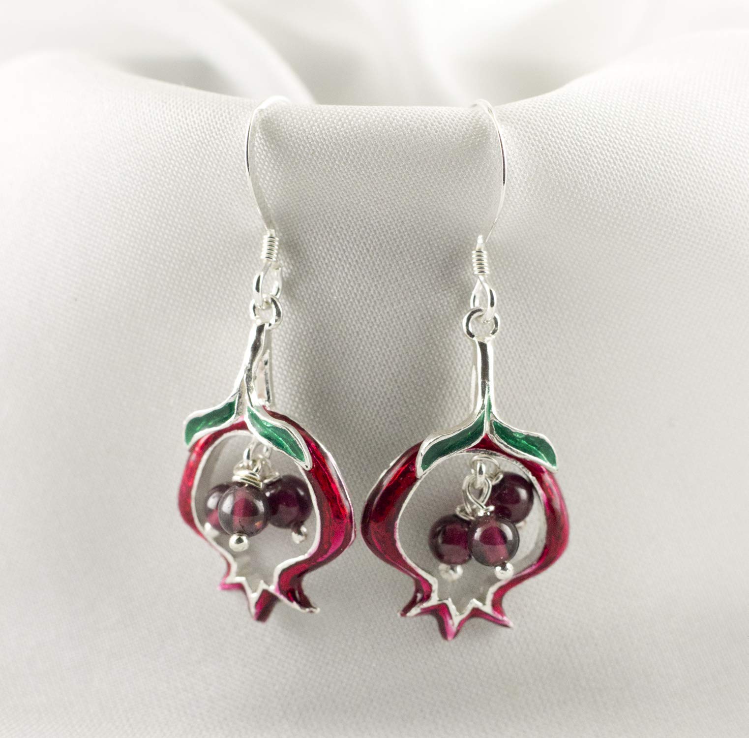 925 Sterling Silver Pomegranate Drop Earrings with Garnet Beads - Elegant Dangling Judaica Jewelry for Women, Perfect for Bat Mitzvah, Hanukkah & Special Occasions