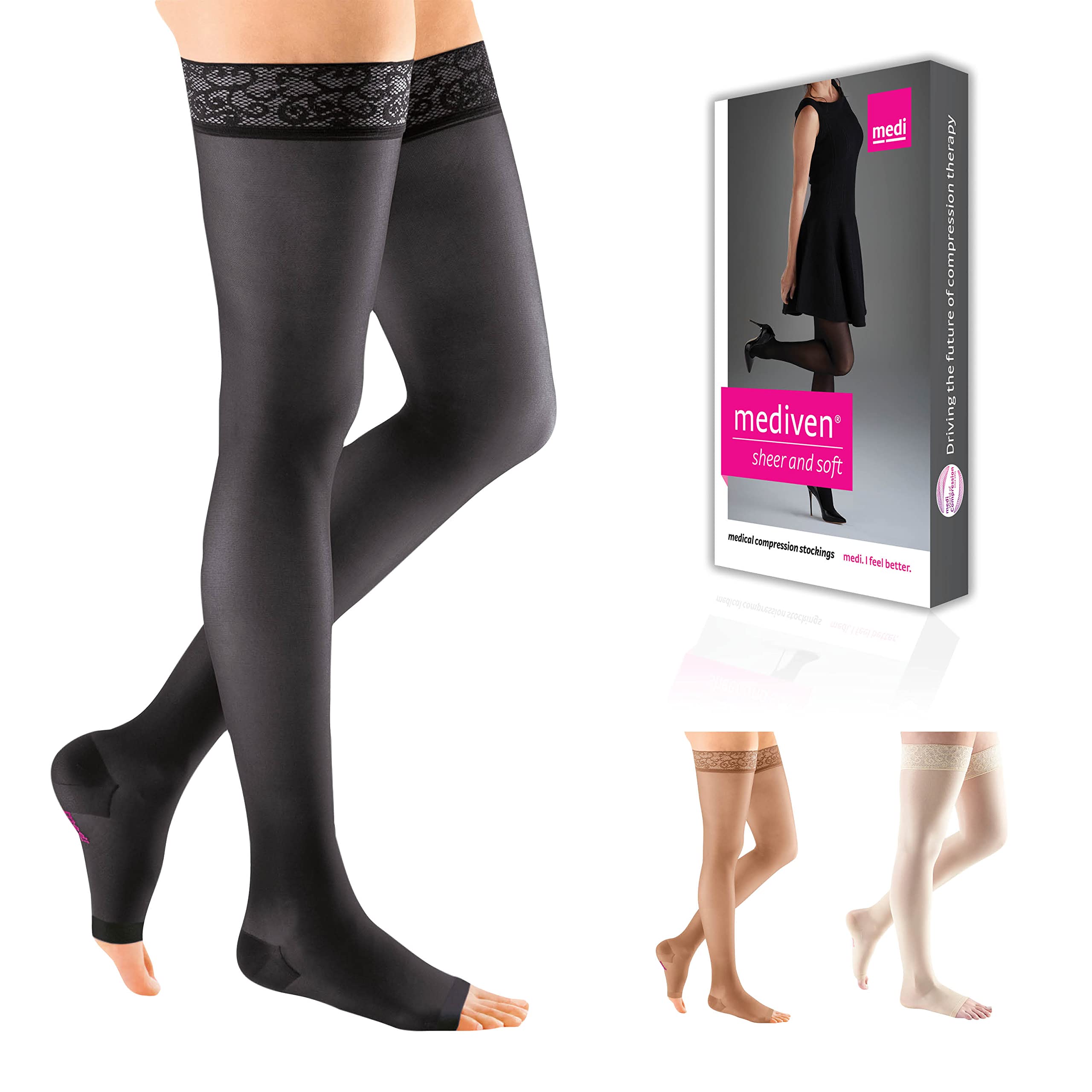 Medi Sheer & Soft Women's Thigh High Compression Stockings 20-30 mmHg Open Toe - Perfect for Varicose Vein Relief, Travel & Nursing Comfort