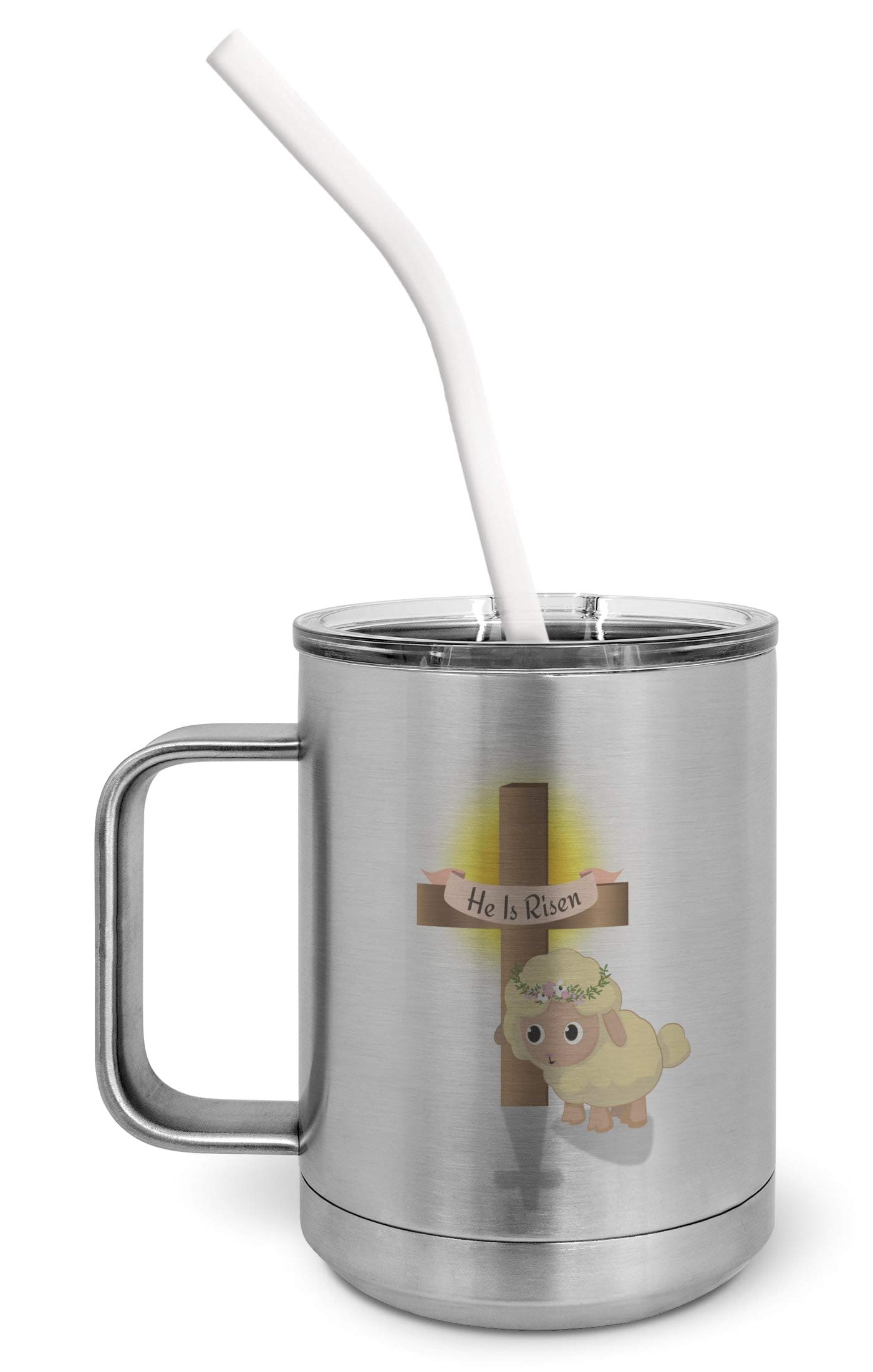 He Is Risen Easter Lamb Insulated Coffee Tumbler - 15oz Spill-Proof Travel Mug with Slider Lid & Silicone Straw, Silver - Perfect for Church, Bible Study & Easter Celebrations