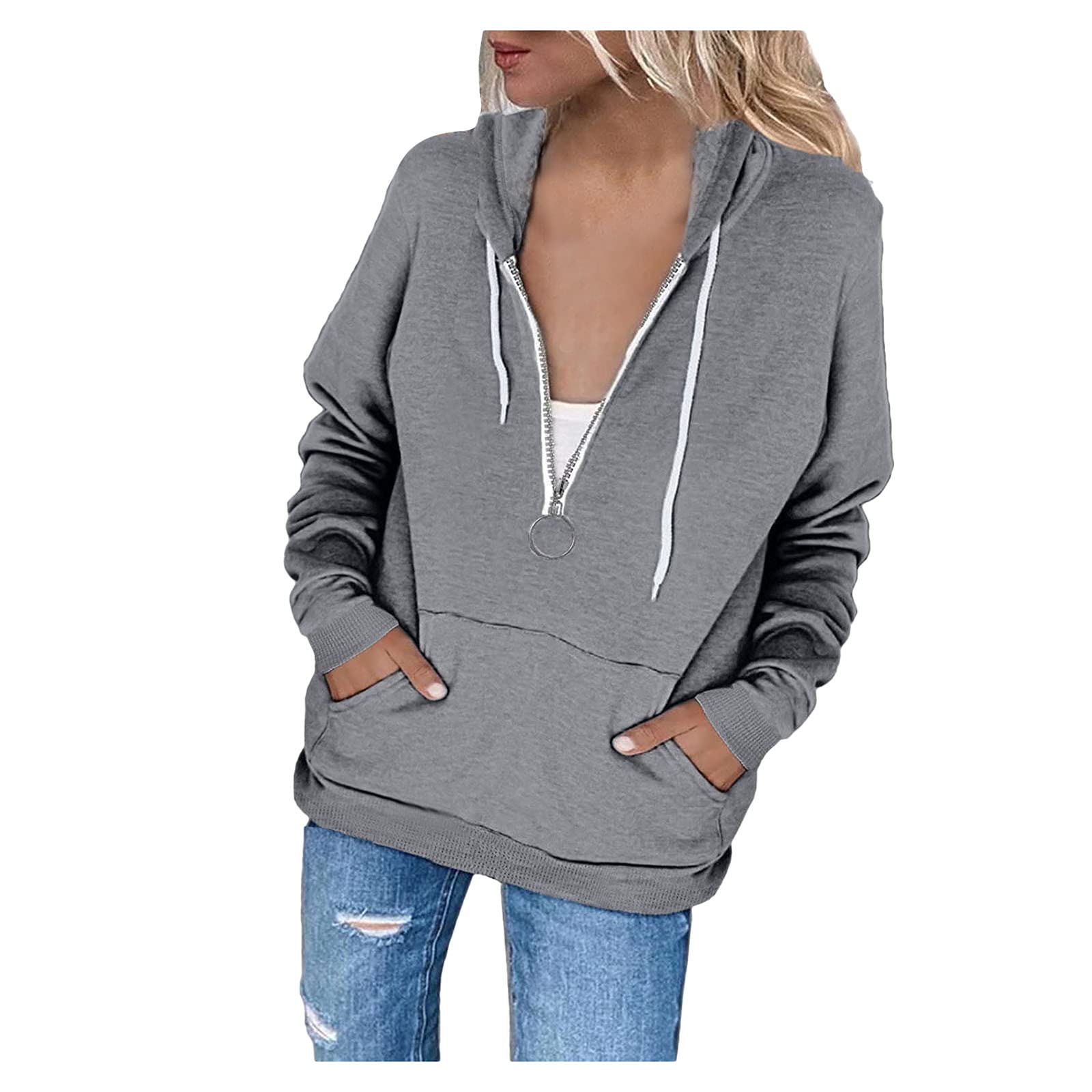 Women's Casual Hooded Solid Color Zip-Up Long Sleeve Denim Jacket with Pockets for Spring & Fall | Streetwear, Layering, Outdoor Activities