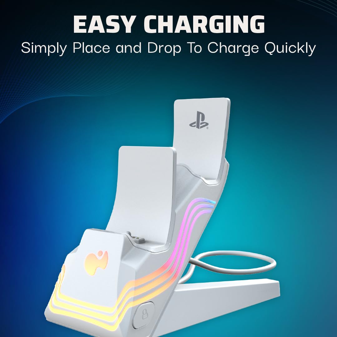 PDP PS5 Afterglow Wave Dual Controller Charger Station - White | Fast Charging Dock for PlayStation 5 Controllers | Perfect for Gaming Sessions & Multiplayer Setups