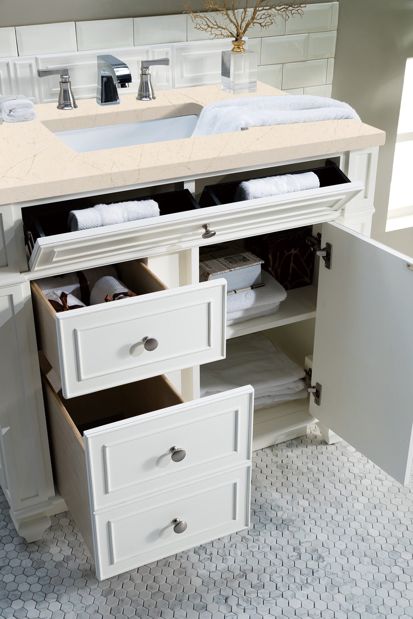 Bristol 36 Inch Single Bathroom Vanity with 3CM Eternal Marfil Quartz Top in Bright White - Perfect for Modern Master Bathrooms and Powder Rooms