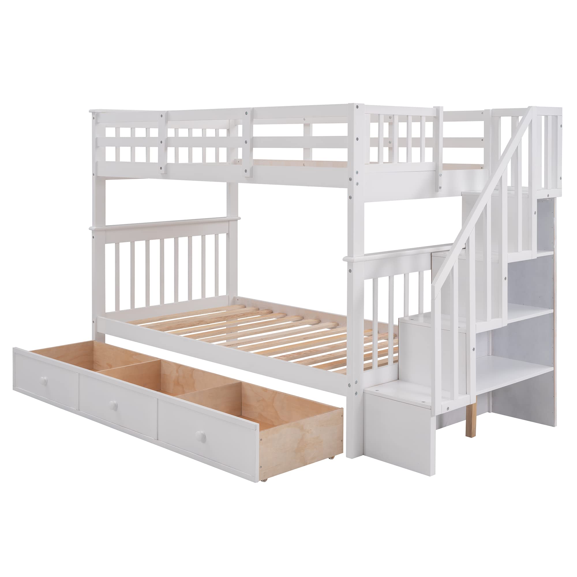 LZ LEISURE ZONE Twin Over Twin Bunk Bed with Storage Drawers & Staircase - Space-Saving Twin Size Bunk Bed Frame with Safety Guard Rail - Perfect for Kids' Bedroom, Guest Room or Small Spaces (White, Twin/Twin with Drawers)
