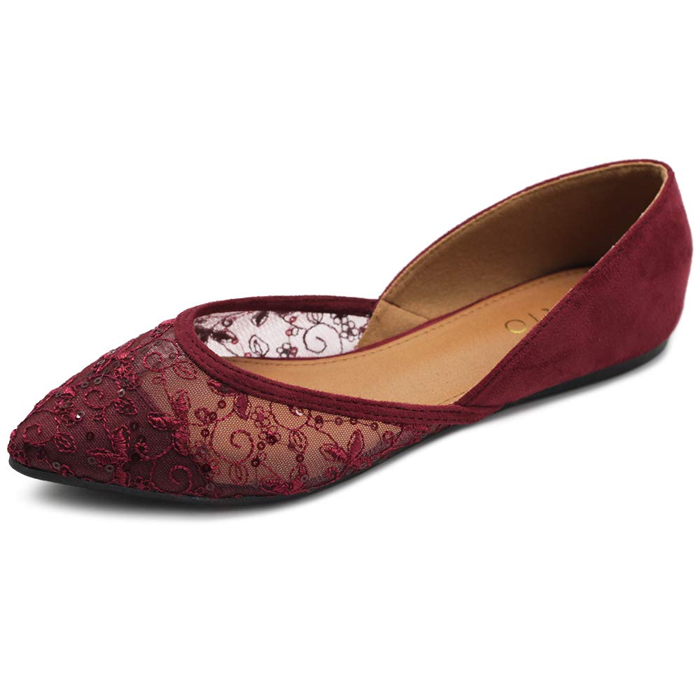 Ollio Women's Pointed Toe Ballet Flats - Faux Suede Floral Lace Breathable Mesh Comfortable Shoes for Work, Wedding & Casual Wear