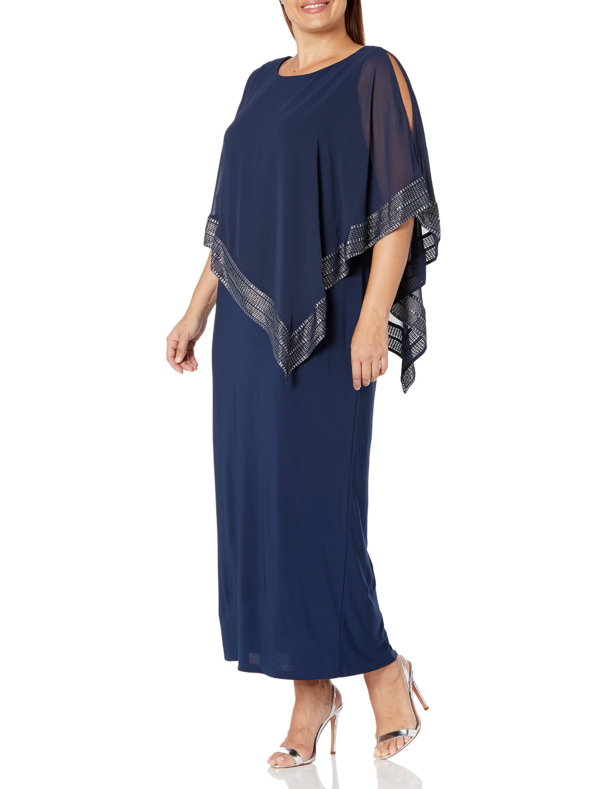 Women's Plus Size Long Cold Shoulder Capelet Dress with Metallic Trim | S.L. Fashions | Elegant Evening Wear for Weddings & Special Occasions