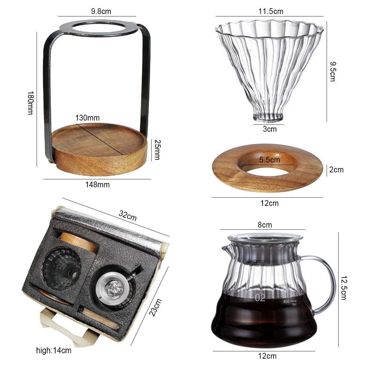 Premium Wooden Pour Over Coffee Stand Set - Glass Server, Dripper & Paper Filters for Perfect Coffee & Tea Brewing | Ideal for Home, Office & Cafe Use
