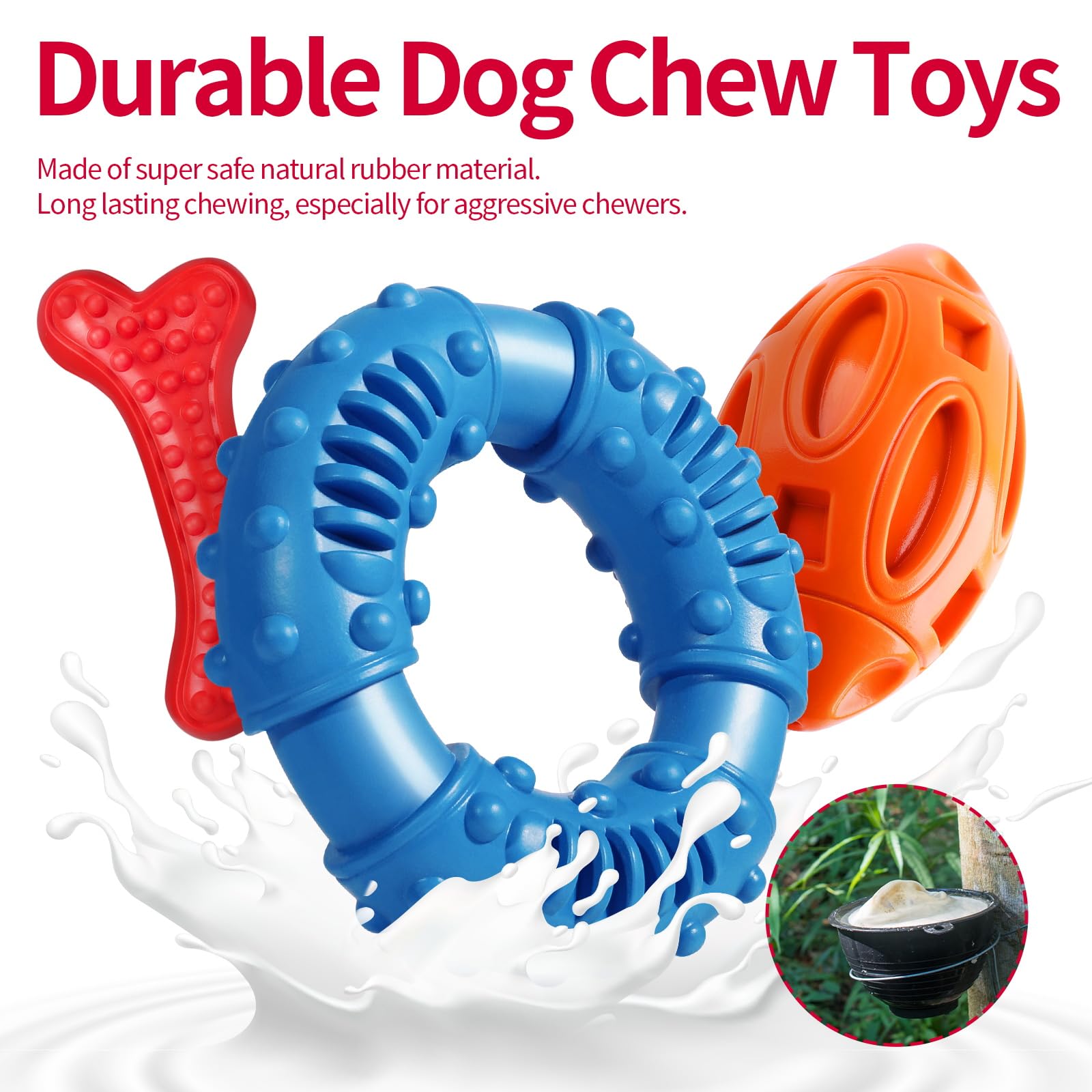 Epesiri 3-Pack Indestructible Dog Chew Toys for Aggressive Chewers - Durable Rubber Squeaky Toys for Large, Medium, Small Breeds - Teeth Cleaning & Gum Massage Puppy Chew Toys - Perfect for Outdoor Play, Training, and Stress Relief