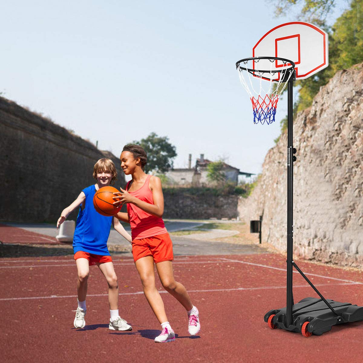 GYMAX Adjustable Basketball Hoop 7.1-8.1FT - Shatterproof Backboard for Indoor/Outdoor Play
