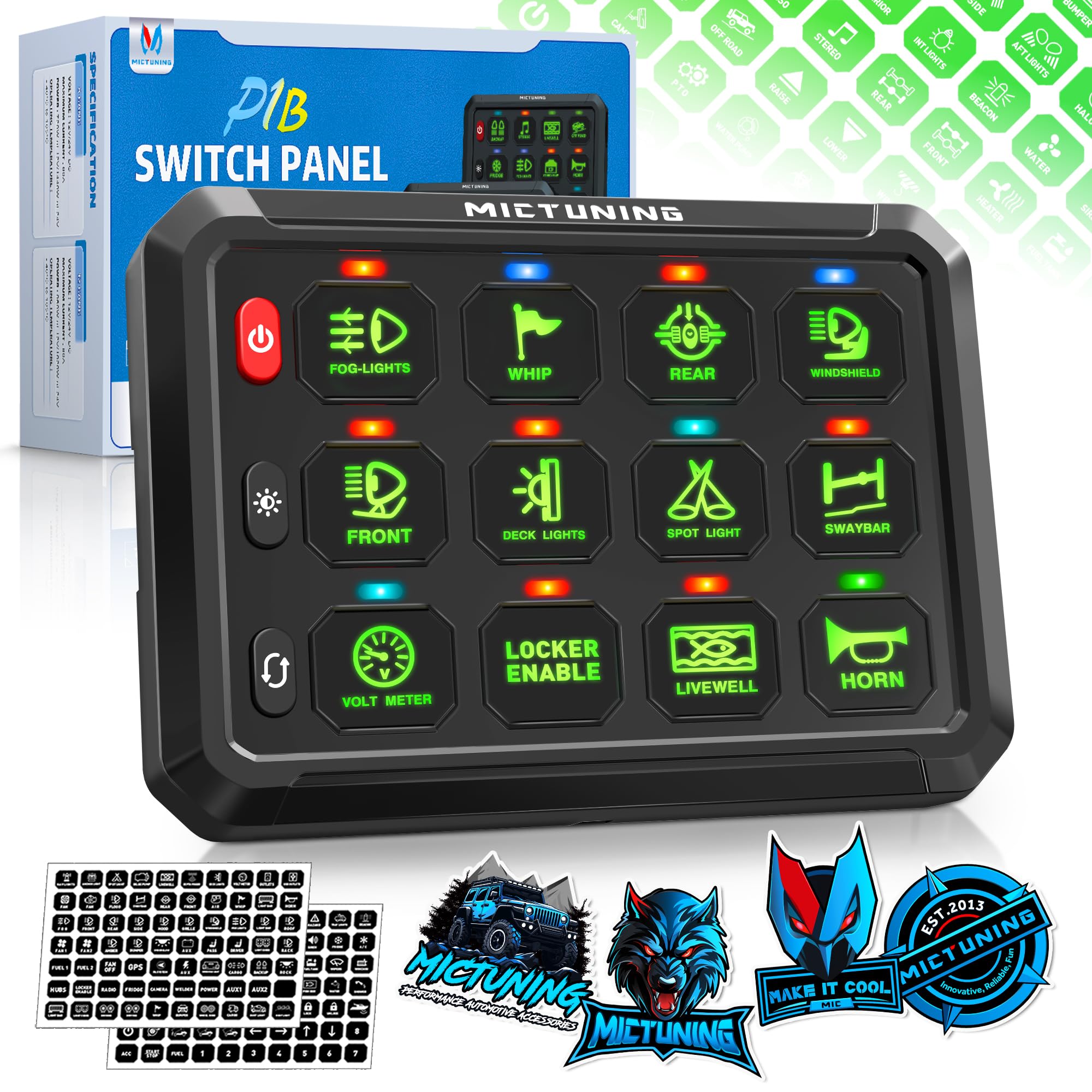 MICTUNING P1B 12 Gang Switch Panel - Multifunction Toggle Momentary Flash Strobe Pulsed with Backlit Off Switch Pod - On/Off Circuit Control Relay Box for Car, Truck, ATV, Off-Road & Marine Vehicles - Perfect for Off-Roading, Camping & Emergency Lighting - Green