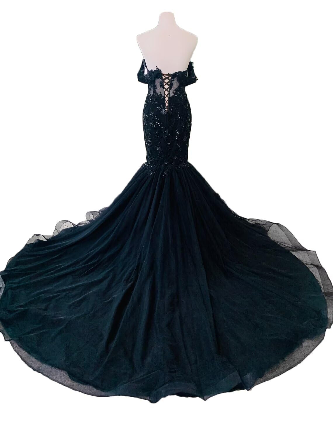 Elegant Off-Shoulder Lace Tulle Mermaid Wedding Dress for Bride - Long Black Bridal Gown for Beach, Church & Formal Weddings