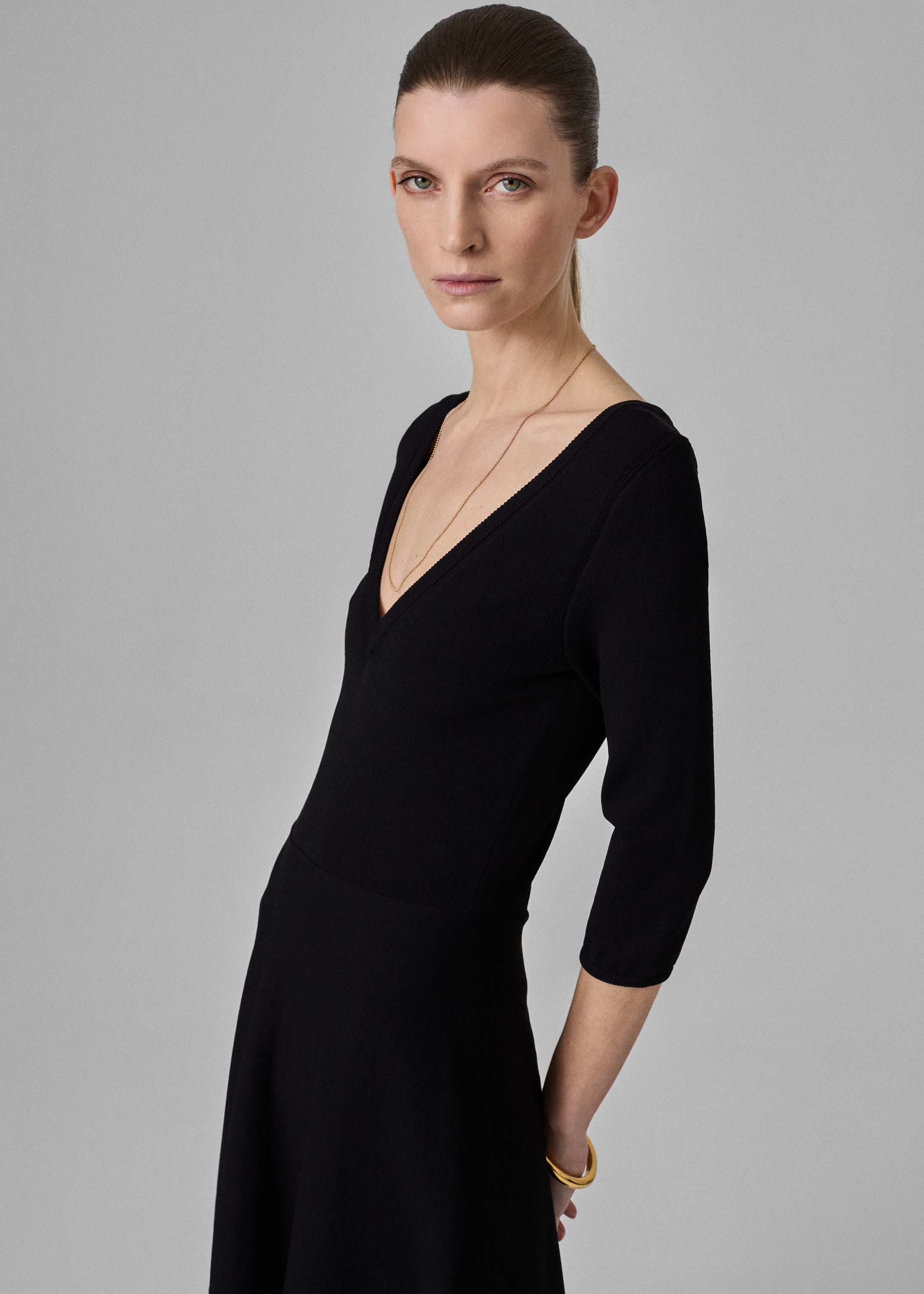 Elegant V-Neck A-Line Knit Dress for Women - Black | Comfortable & Stylish Casual Wear for Office, Party & Everyday Outfits