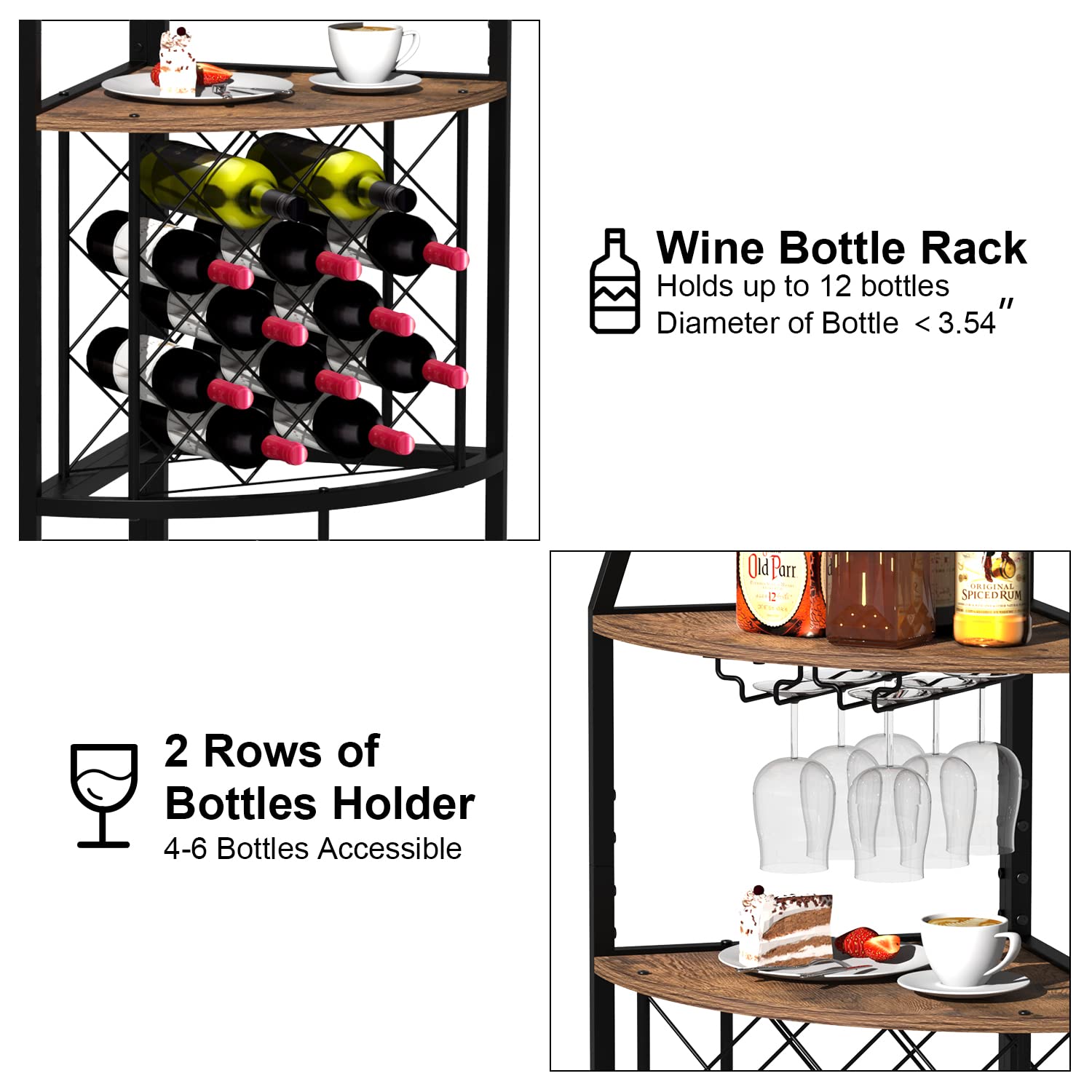 5-Tier Corner Wine Rack with LED Lights - Floor Standing Wine Storage with Glass Holder for 12 Bottles - Rustic Brown Home Bar Furniture for Kitchen, Living Room & Dining Room - Perfect for Wine Enthusiasts & Entertaining Guests