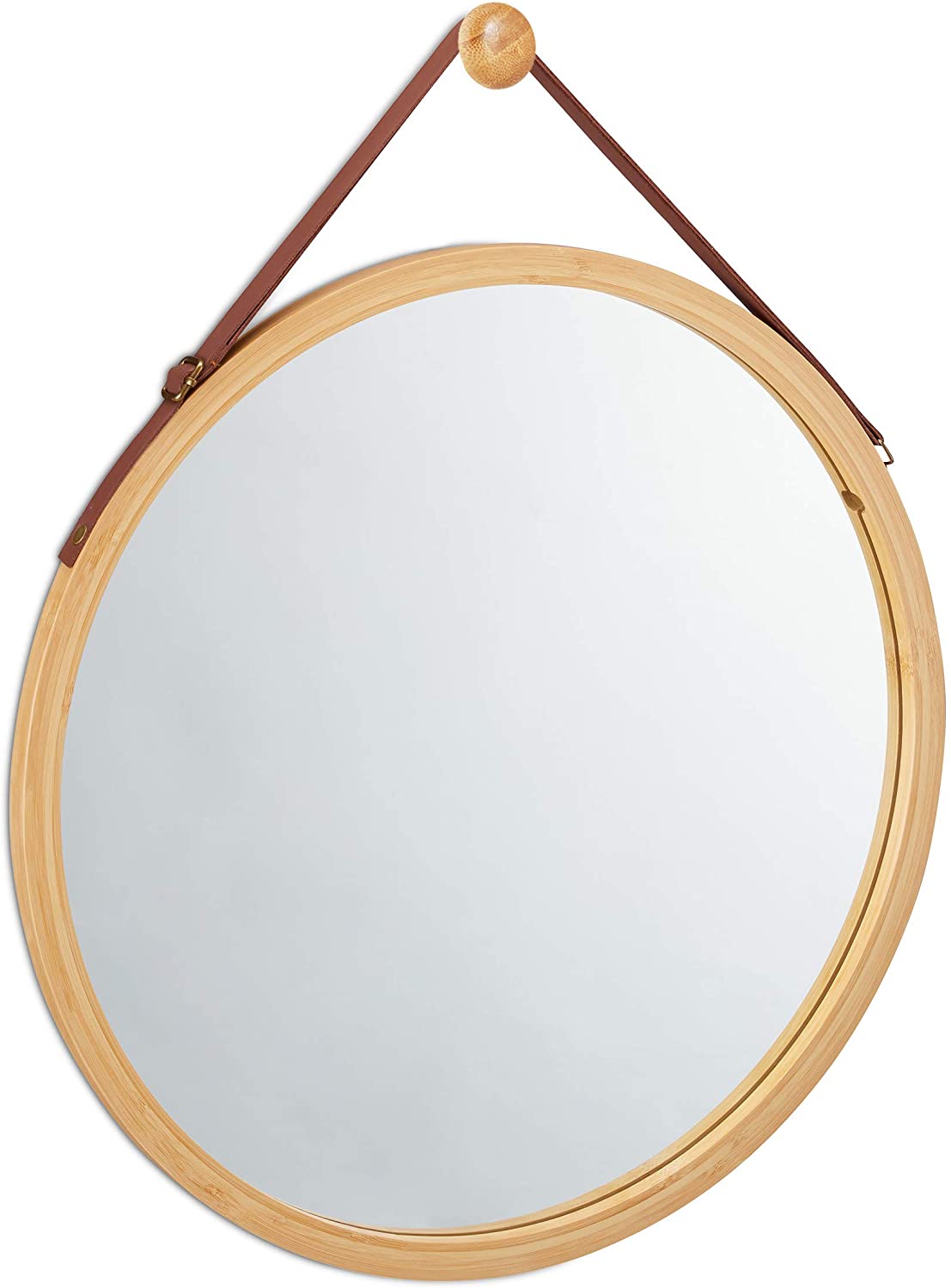 45cm Round Hanging Wall Mirror with Solid Bamboo Frame & Adjustable Leather Strap - Perfect for Bathroom, Bedroom, and Entryway Decor