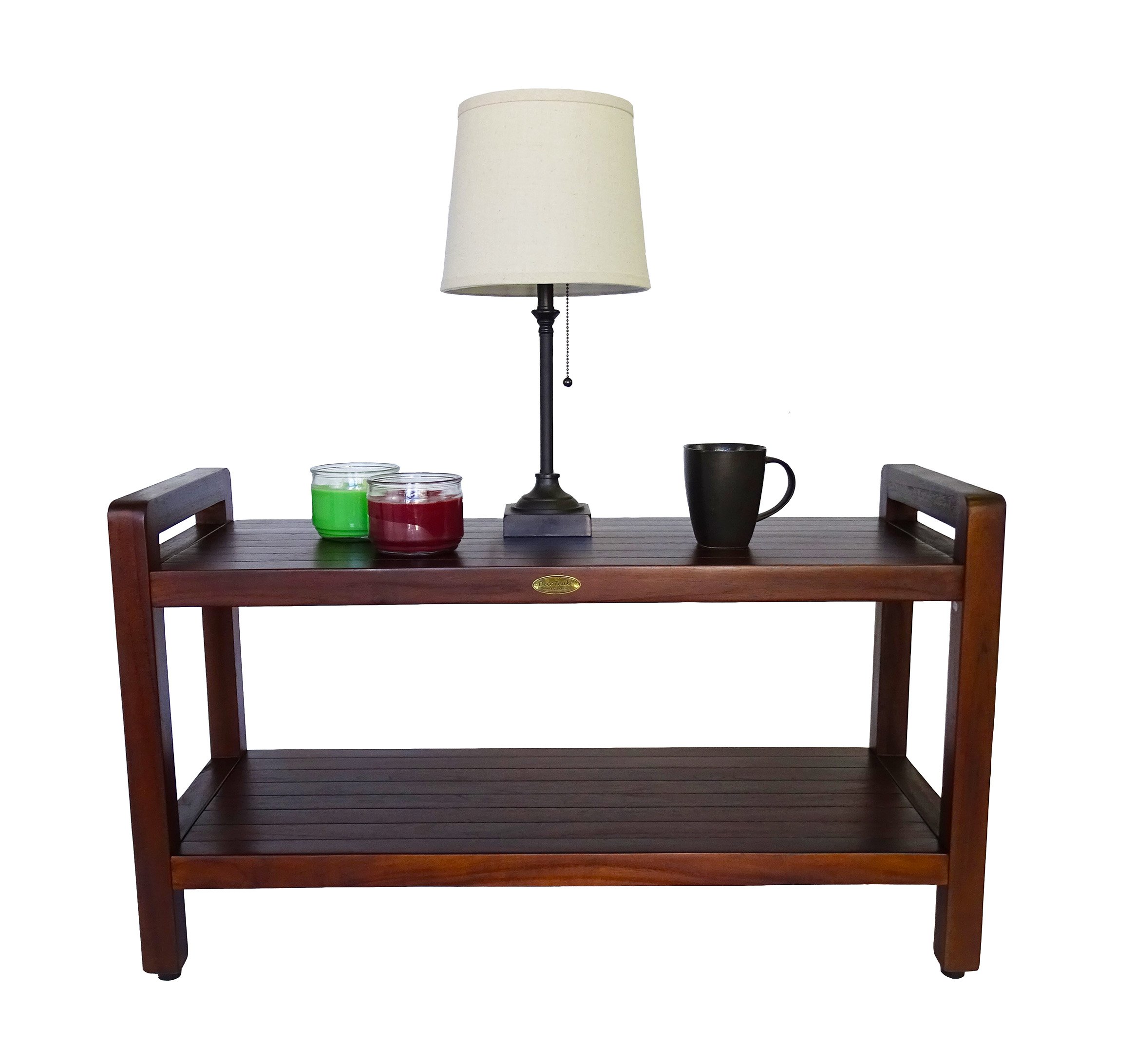 DecoTeak Eleganto 35 Inch Waterproof Teak Wood Shower Bench with Lift Aid Arms - Bathroom Stool Seat & Storage Shelf for Safety & Organization | Perfect for Elderly, Disabled & Spa Showers