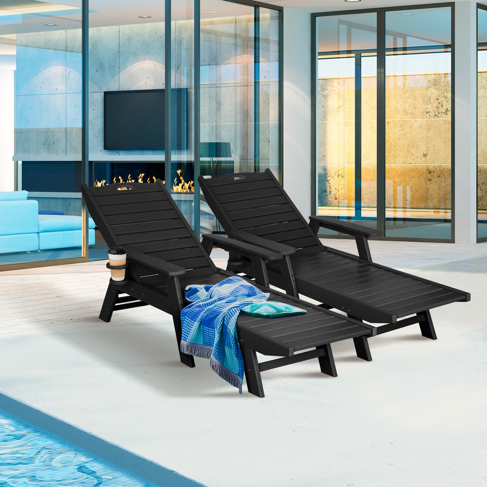 **2-Piece Nalone Outdoor Chaise Lounge Set - 5-Position Adjustable Backrest, Heavy-Duty HDPE Lounge Chairs Supports 400 LBS - Perfect for Patio, Poolside, Deck, Beach & Backyard (Black)**    *Use Cases: Relaxing by the pool, sunbathing at the beach, lounging on the patio, or enjoying backyard gatherings.*