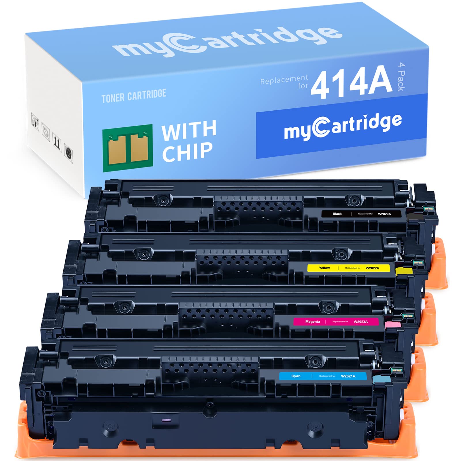 myCartridge 414A Toner Cartridges 4 Pack (with Chip) - Compatible Replacement for HP 414A/414X/W2020A - Works with HP Color Pro MFP M454dw, M479fdw, M479fdn, M454dn Printers - High Yield Printing for Office & Home Use