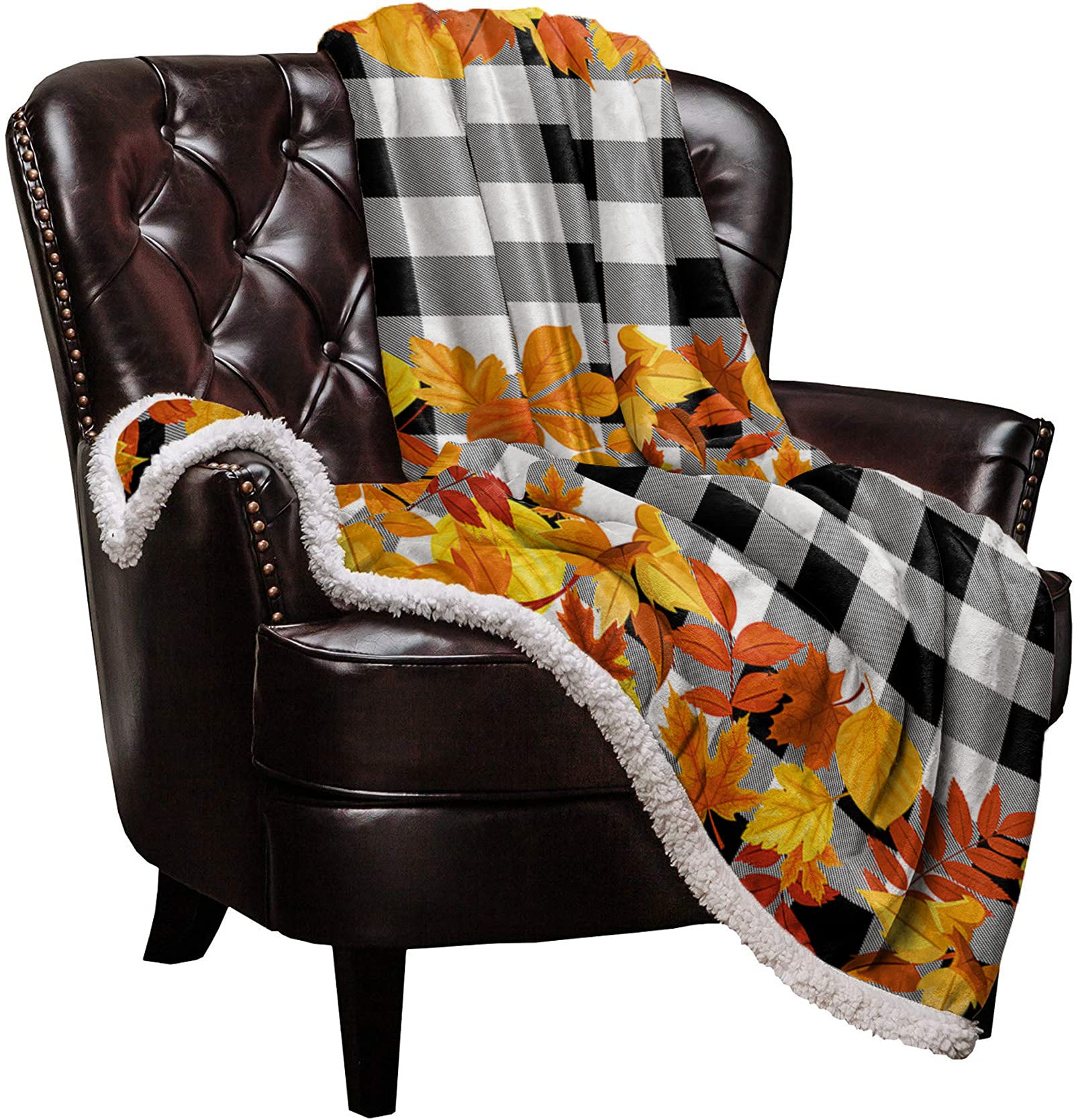 Sherpa Fleece Blanket - Ultra Soft & Warm Reversible Throw Blanket 50x60 Inches, Buffalo Plaid Black White with Thanksgiving Maple Leaves Design, Fuzzy Fluffy Microfiber Blanket for Couch, Sofa, Bed - Perfect for Cozy Winter Nights, Fall Decor & Holiday Gift Giving