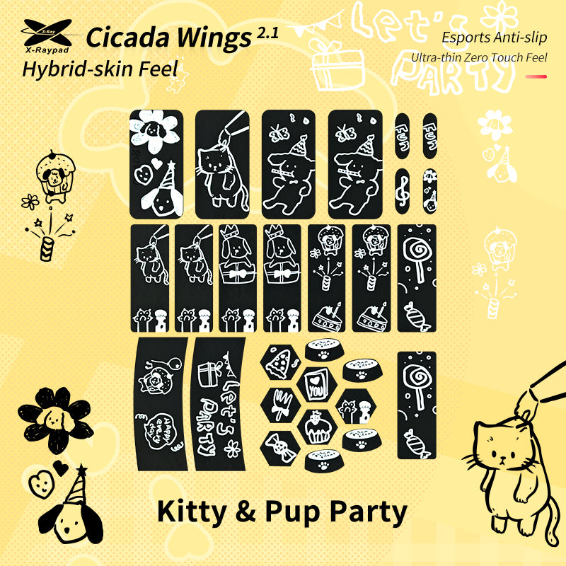 X Raypad Cicada Wings V2 Gaming Mouse Grip Tape - Universal Pre-Cut Non-Slip Surface for Kitty & Pup Party Design - Perfect for FPS, MOBA, and Esports Gaming Mice