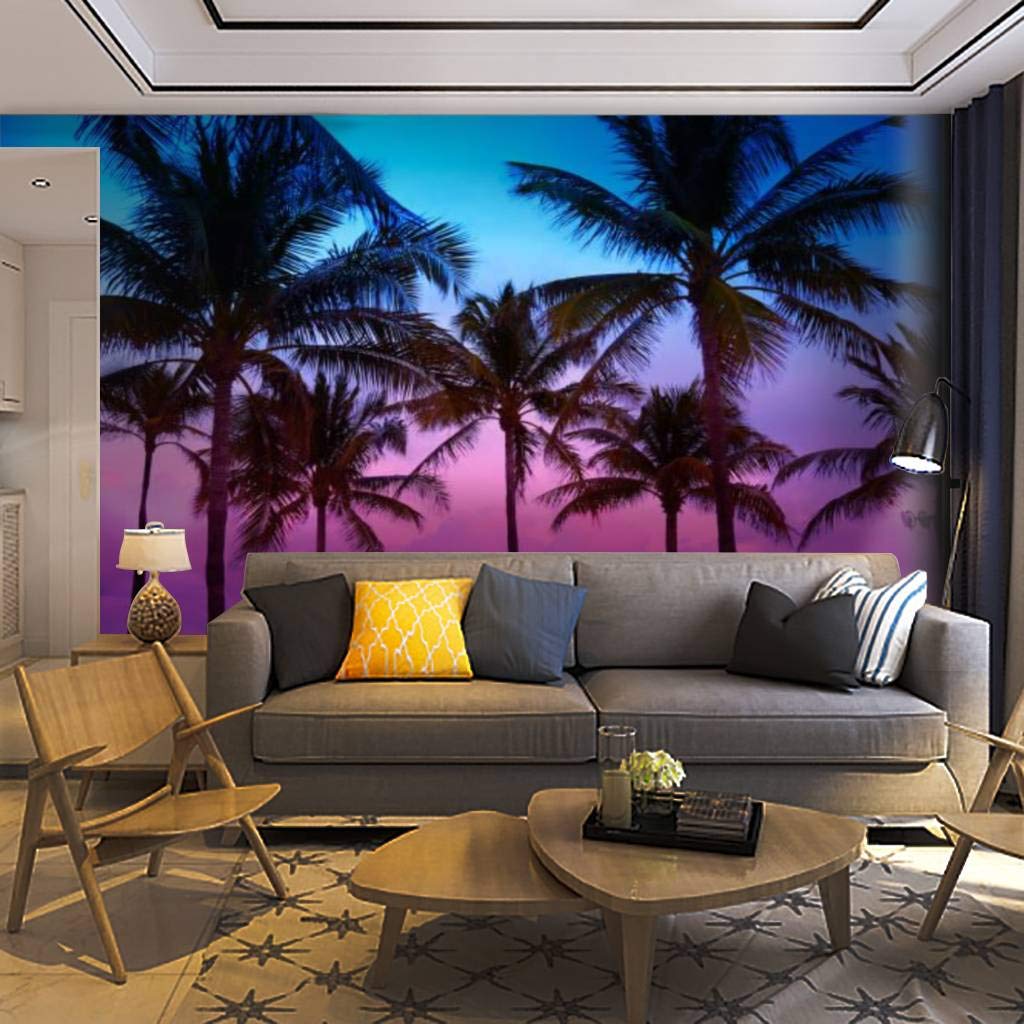 Self-Adhesive Removable Miami Beach Sunset Wallpaper Mural - Florida Palm Trees Scenic View Peel & Stick Wall Decal for Living Room, Bedroom & Office Decor | Easy DIY Home Craft Sticker Poster