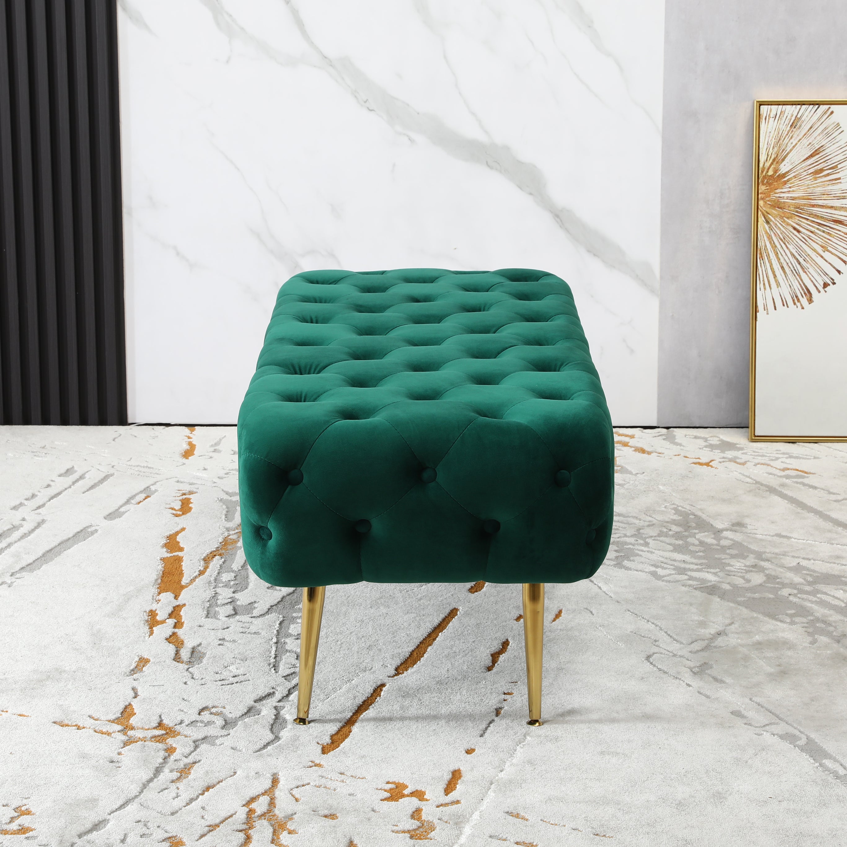 Roundhill Furniture Sira Velvet Button Tufted Bench with Gold Metal Legs - Green Velvet Upholstered Storage Ottoman for Living Room, Bedroom & Entryway - Perfect for Seating, Decor & Extra Storage