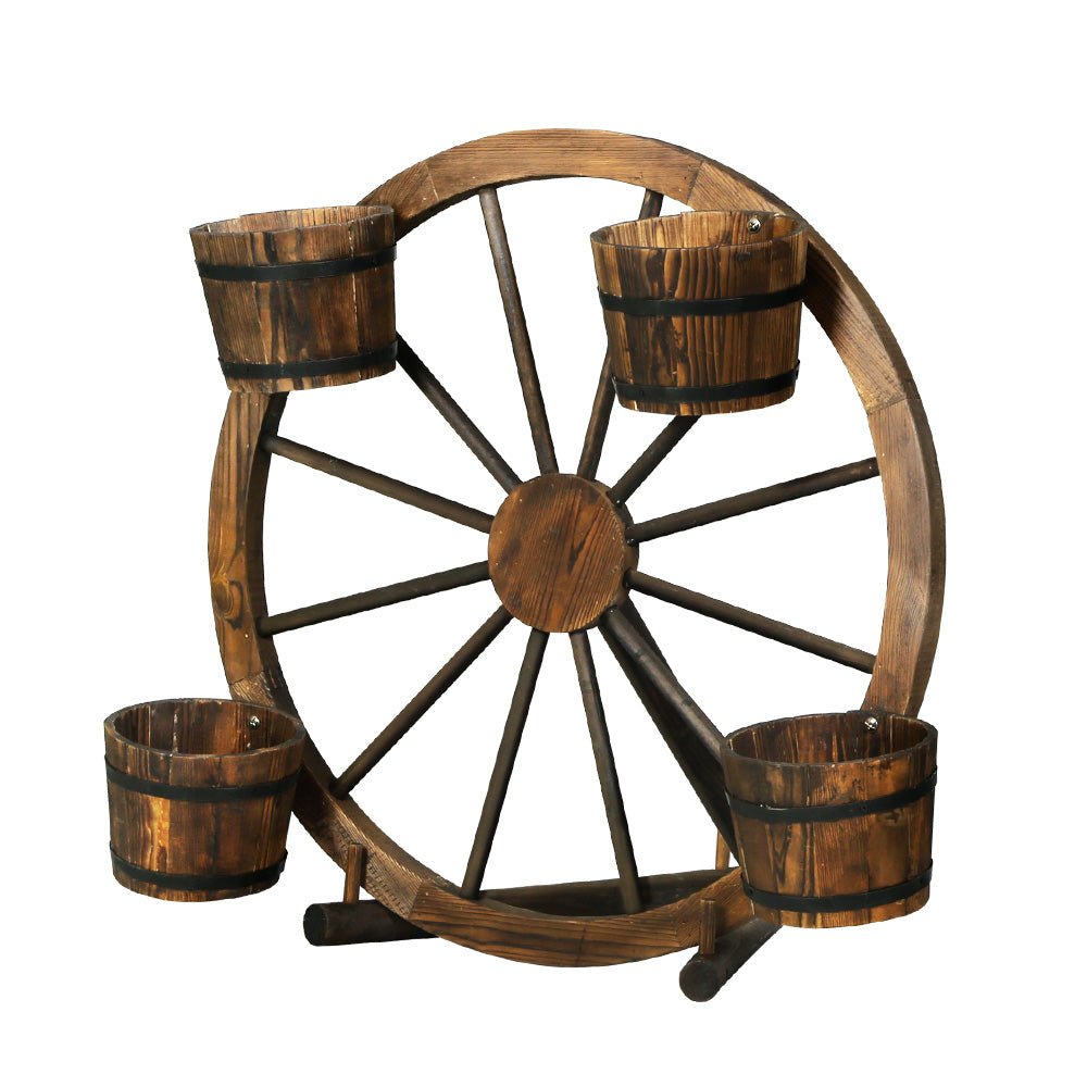 80cm Wooden Wagon Wheel Plant Stand - Rustic Garden Decor for Outdoor Plants | Perfect for Patio, Yard & Farmhouse Style Landscaping