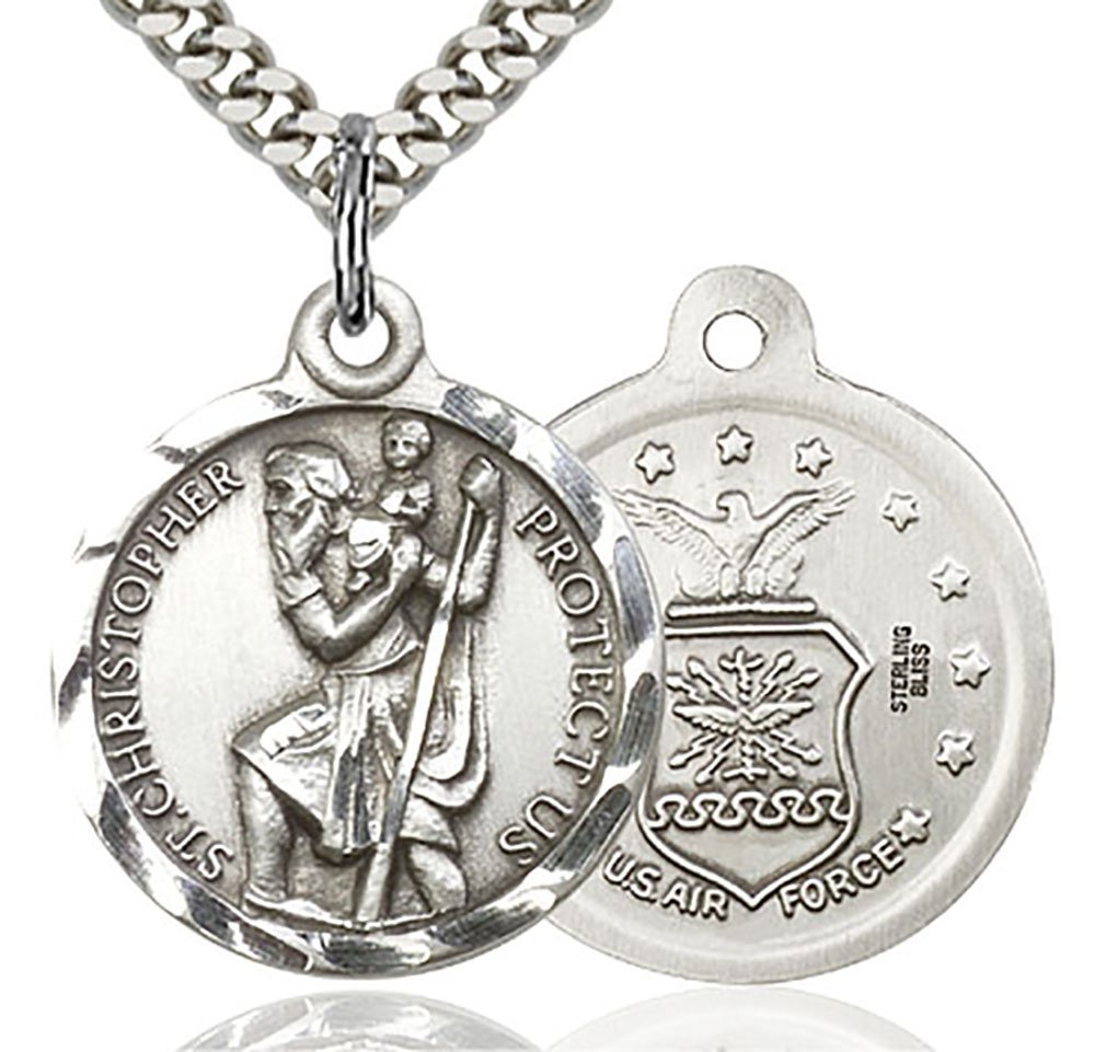 Men's Round Sterling Silver St. Christopher Air Force Medal - USA Made - Perfect for Military Gifts, Protection Jewelry & Air Travel Blessings