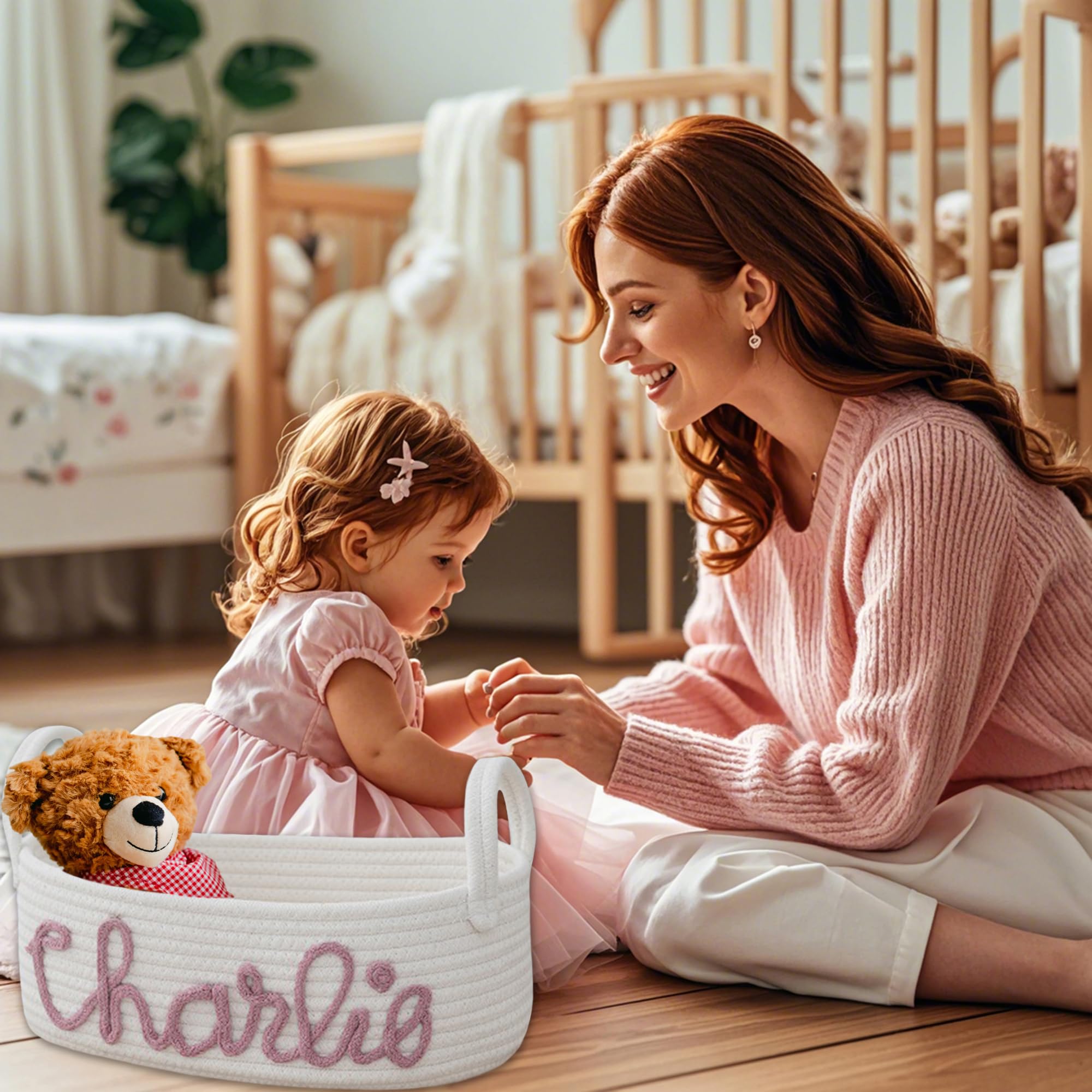 Personalized Baby Name Basket with Handles - Custom Diaper Caddy & Cotton Rope Storage Bin - Perfect Baby Shower Gift & Nursery Organizer for Toys, Clothes & Essentials - Ideal for Bedroom, Bathroom & Playroom (White)