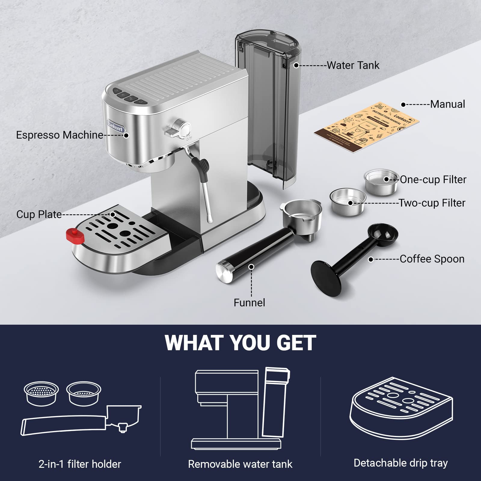 Laekerrt 20 Bar Espresso Machine with Milk Frother - Professional Stainless Steel Coffee Maker for Home Baristas - Perfect for Cappuccino, Latte & Espresso - Ideal Gift for Coffee Lovers & Men (Silver, 1350W) - Great for Home Kitchens, Offices & Coffee Shops