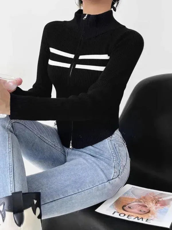 Stylish Striped Zipper Cardigan Sweater for Women - Cozy Fall & Winter Fashion - Perfect for Office, Casual Outings & Layering