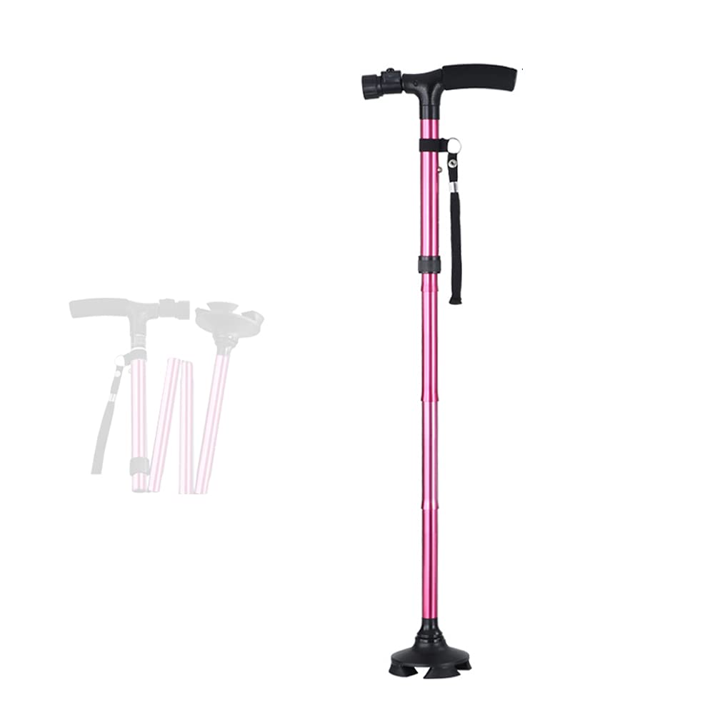 LED Light Folding Walking Cane with Anti-Slip Base - Adjustable 4-Prong Mobility Cane for Seniors, Men & Women (Silver/Pink) - Ideal for Night Walking, Hiking & Outdoor Activities