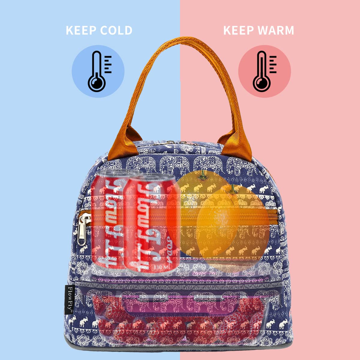 FlowFly Insulated Lunch Cooler Bag for Women & Men - Elephant Print Tote Bag with Lunch Organizer & Holder - Perfect for Work, School, Picnics & Outdoor Activities