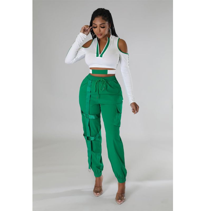 VOIKERDR Women's Two Piece Outfits - Off Shoulder Crop Top & High Waist Bodycon Pants Colorblock Tracksuit Set | Casual Streetwear, Gym Workout, Party Outfit