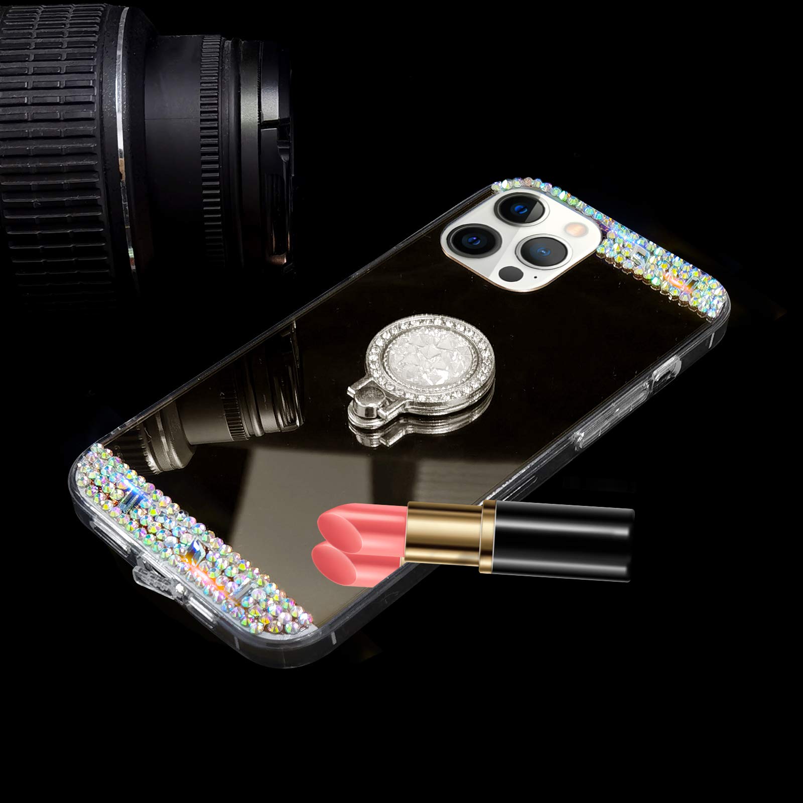 LUVI Bling Diamond Glitter Rhinestone iPhone 13 Pro Max Case with Ring Holder & Kickstand - Cute Mirror Phone Cover for Women & Girls (Silver) | Perfect for Makeup, Selfies & Hands-Free Viewing