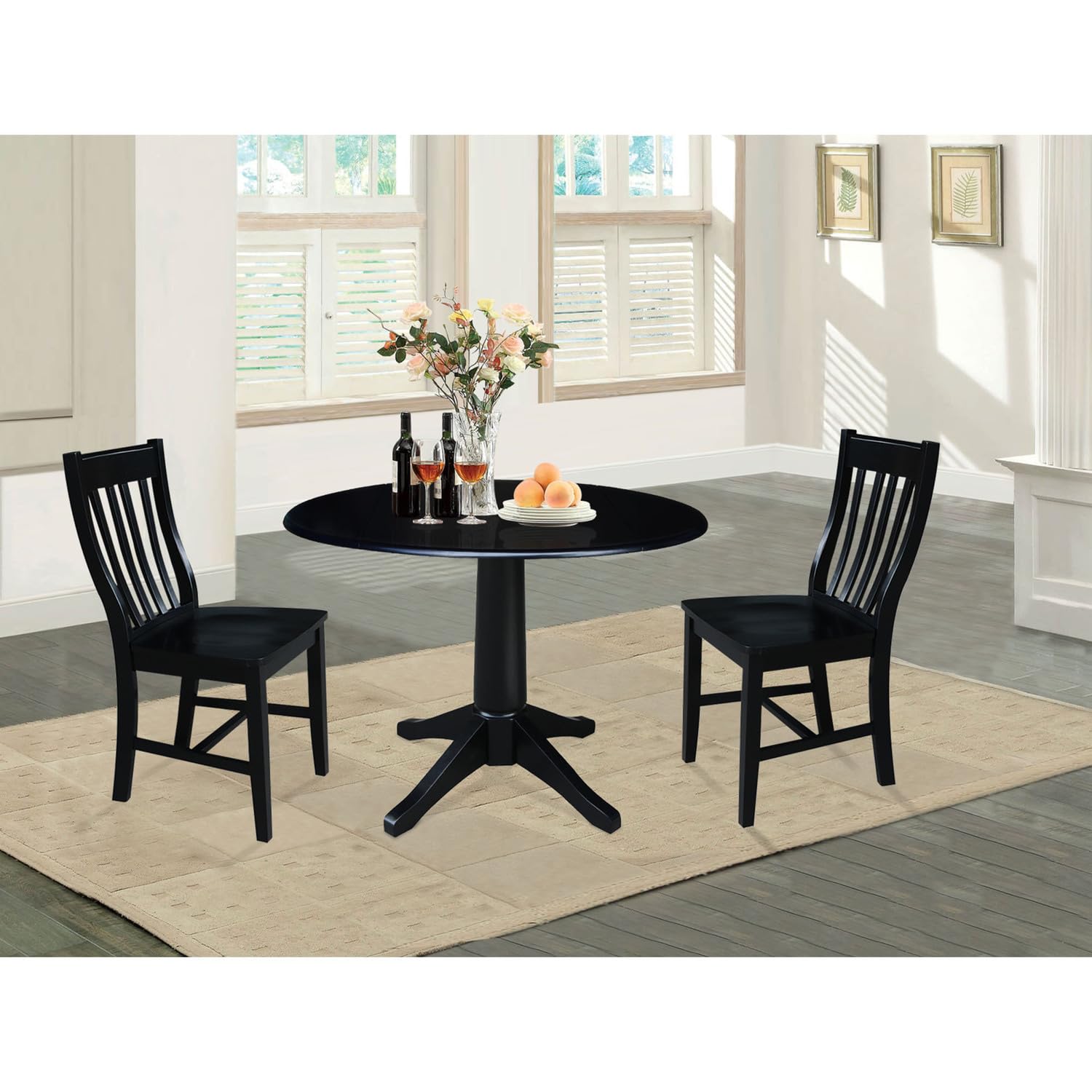 IC International Concepts 42-Inch Round Pedestal Dining Table Set with 2 Chairs, Solid Wood Construction, Space-Saving Design for Small Kitchens & Apartments - Black - Perfect for Breakfast Nooks, Cozy Dining & Entertaining Guests