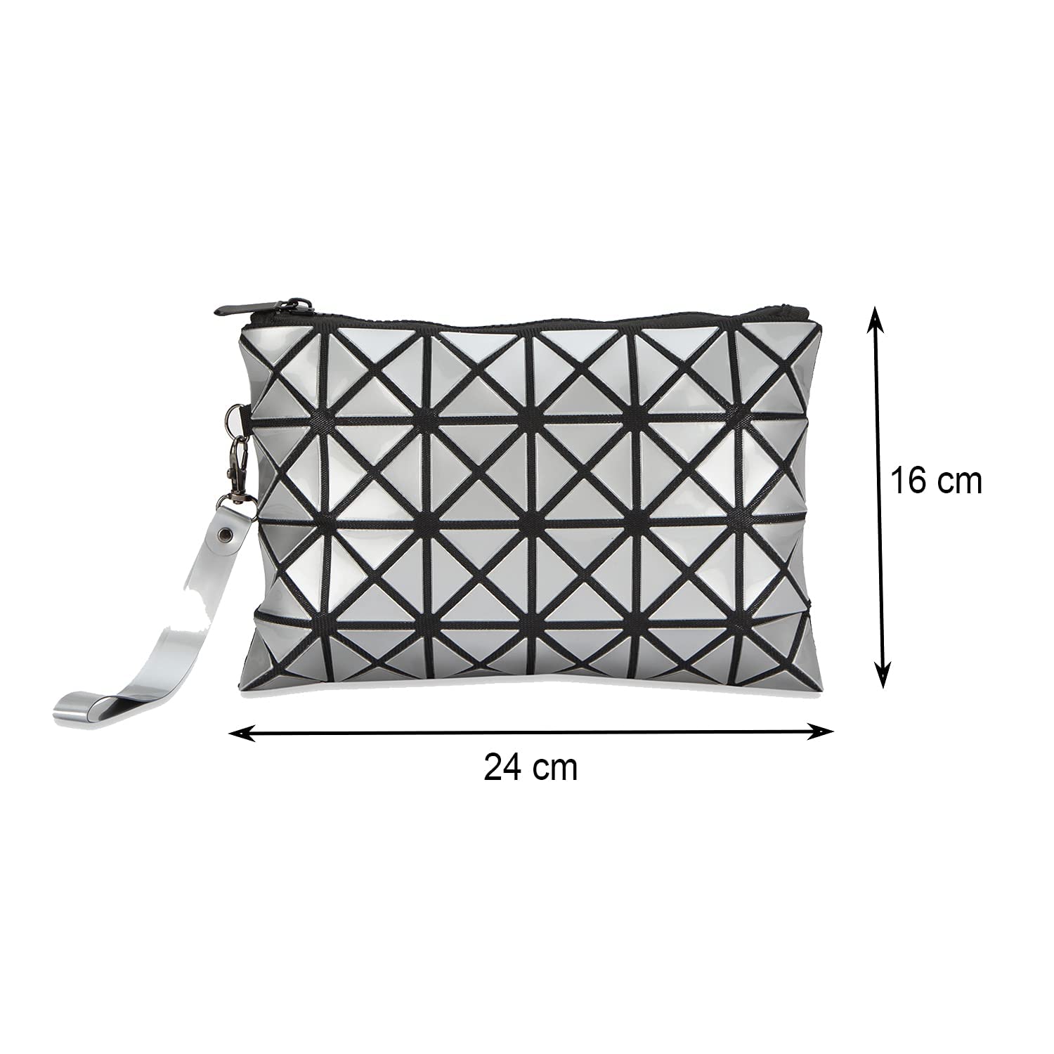 Vibgyor Geometric Design Makeup Pouch for Women - Stylish Travel Cosmetic Bag Organizer for Makeup Accessories & Vanity Essentials - Perfect for Girls' Travel, Daily Use & Gift (Silver)