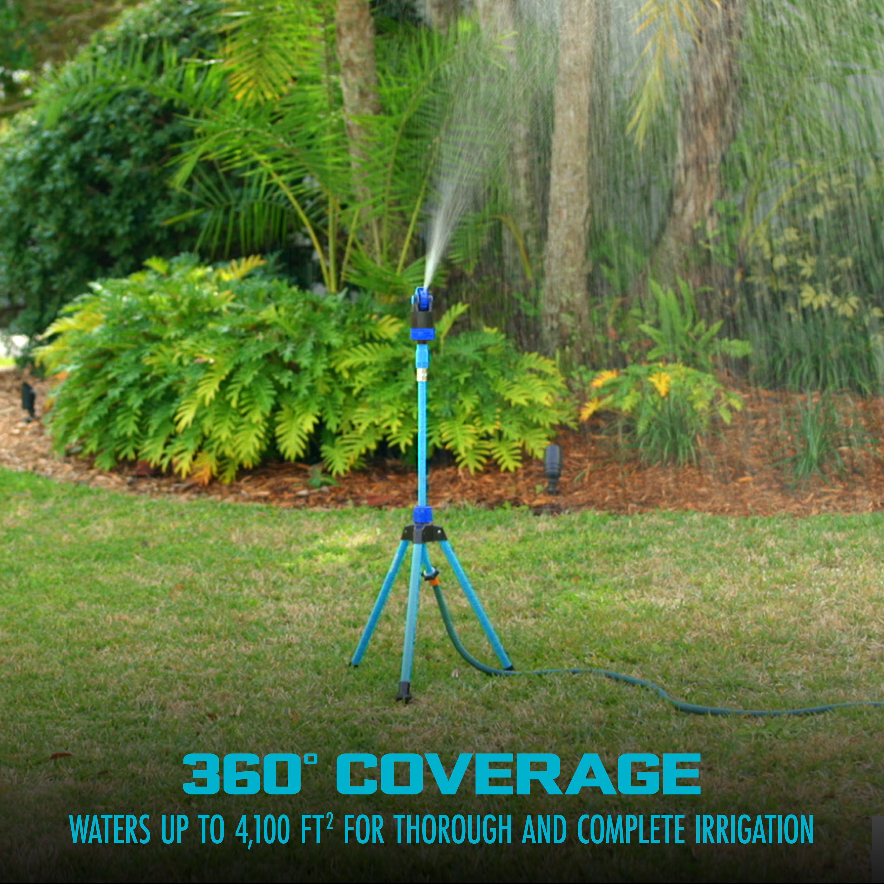 Aqua Joe AJ 6PSTB MAX HD 360° Telescoping Sprinkler & Mister with Metal Tripod Base - 6 Adjustable Water Patterns, 4100 Sq Ft Coverage - Perfect for Lawn, Garden, and Patio Cooling