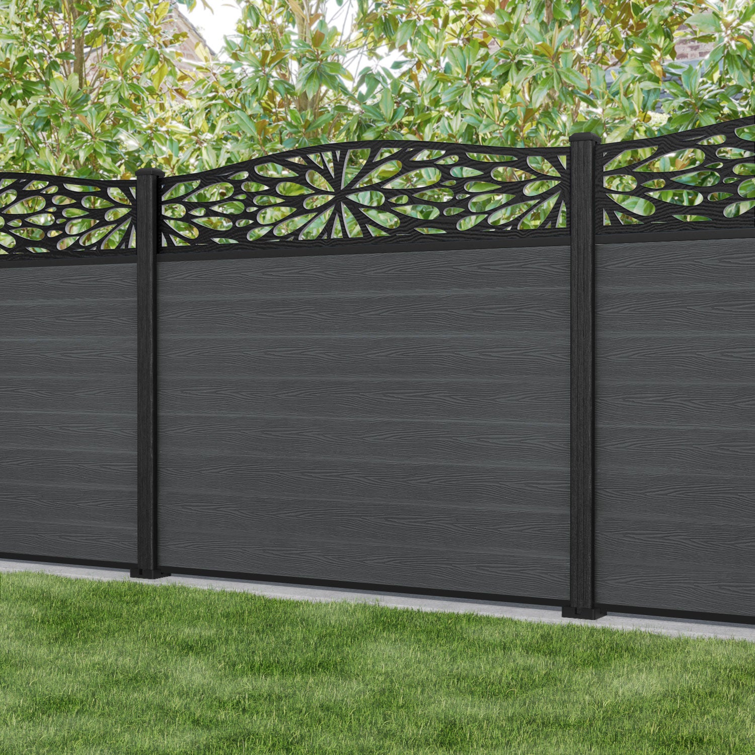 Classic Blossom Curved Top Fence Panel - Dark Grey Composite Privacy Fence with Sturdy Posts | Perfect for Backyard, Garden, and Patio Decoration