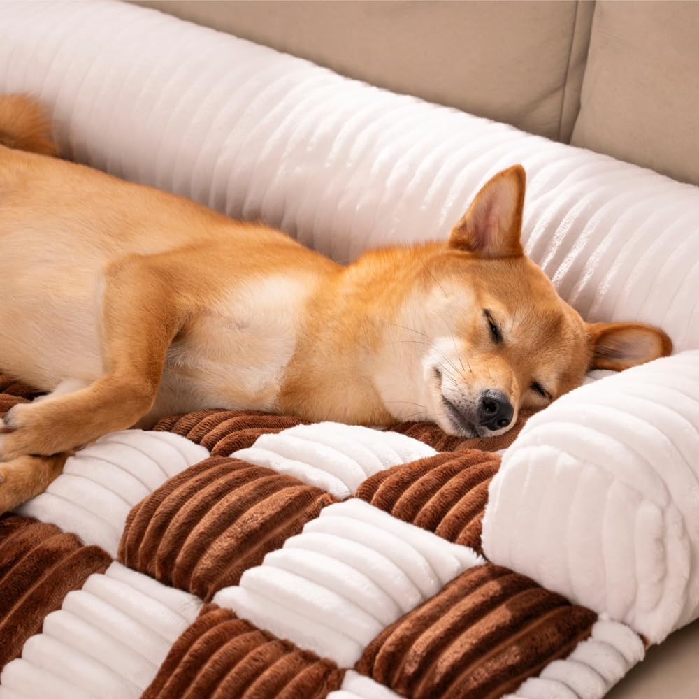 **Funny Pet Couch Cover for Dogs & Cats - Soft Fuzzy Sofa Protector, Cream Plaid Cozy Dog Mat (47.24