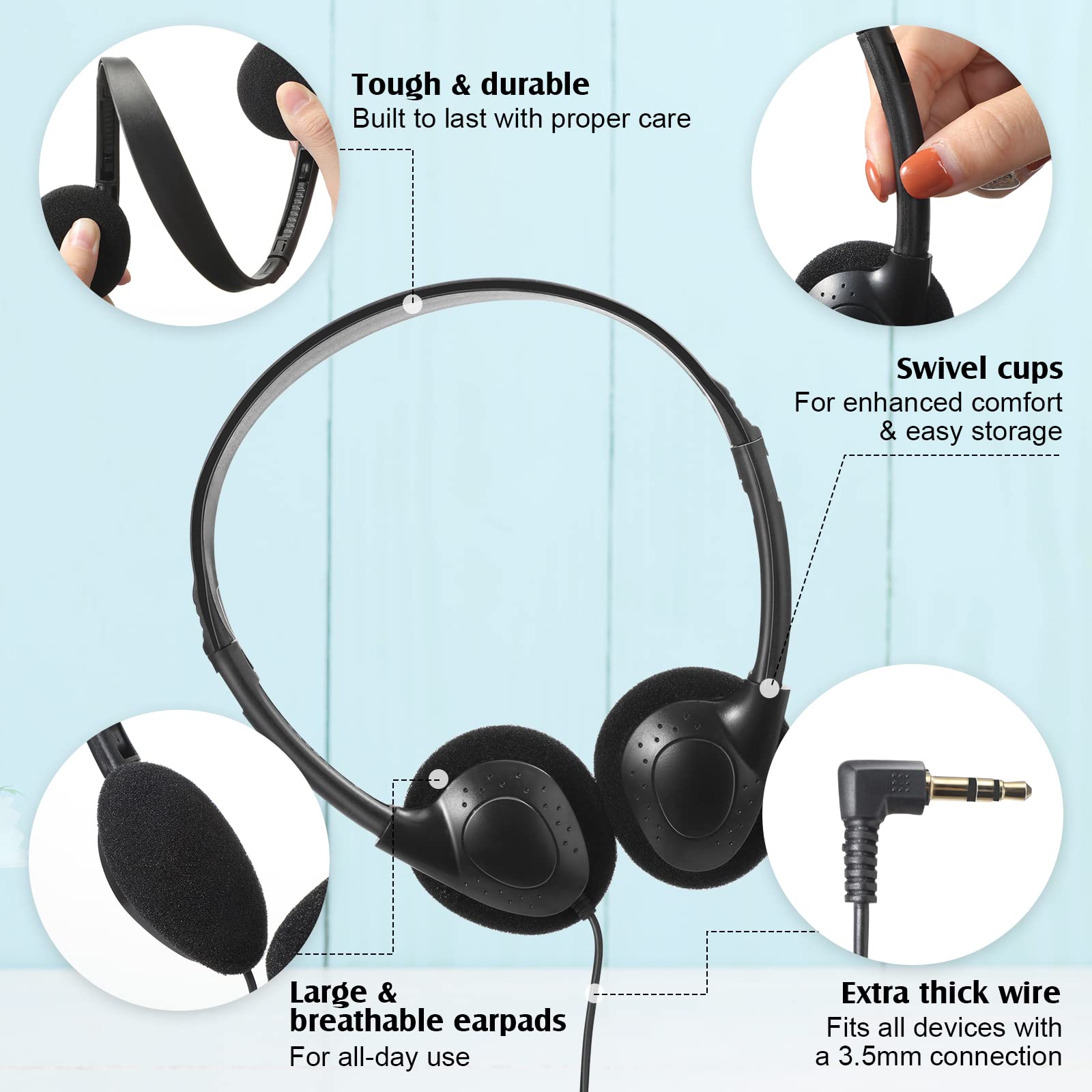 Flutesan 20 Pack Classroom Headphones for Kids - On Ear Headphones with Adjustable Headband for Students, Teens, Boys & Girls - Durable School Headphones for Learning, Online Classes & Computer Labs (Black)