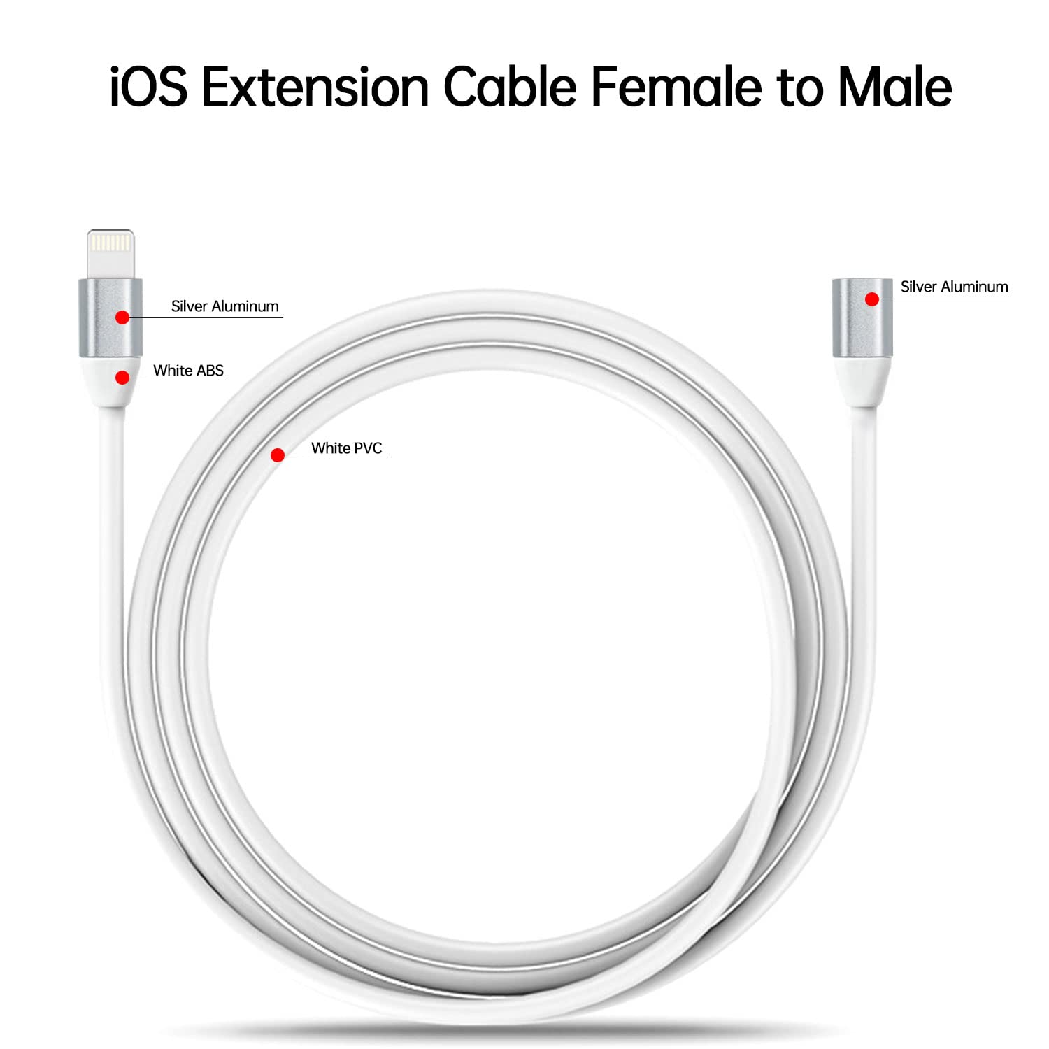 1M/3.3FT Lightning Extension Cable - Female to Male Connector for Video, Audio, Data & Charging | Silver Aluminum & White TPE | Compatible with iPhone, iPad, iPod | Perfect for Home, Office & Car Use