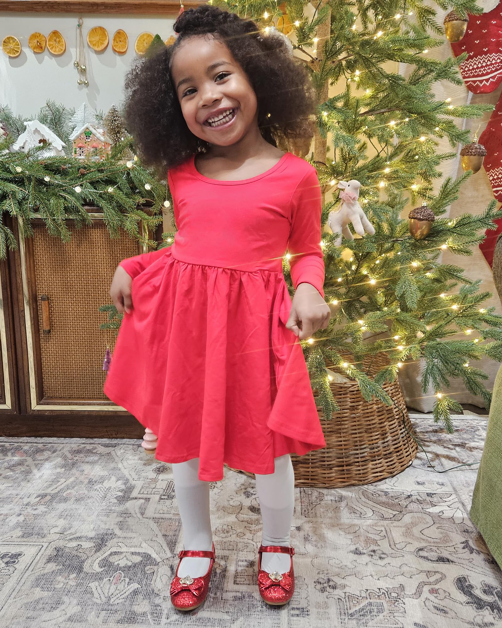 Stelle Long Sleeve Cotton A-Line Dress for Girls & Toddlers - White Skater Twirl Dress for School, Casual Wear & Easter Celebrations | Perfect for Parties, Photos & Special Occasions